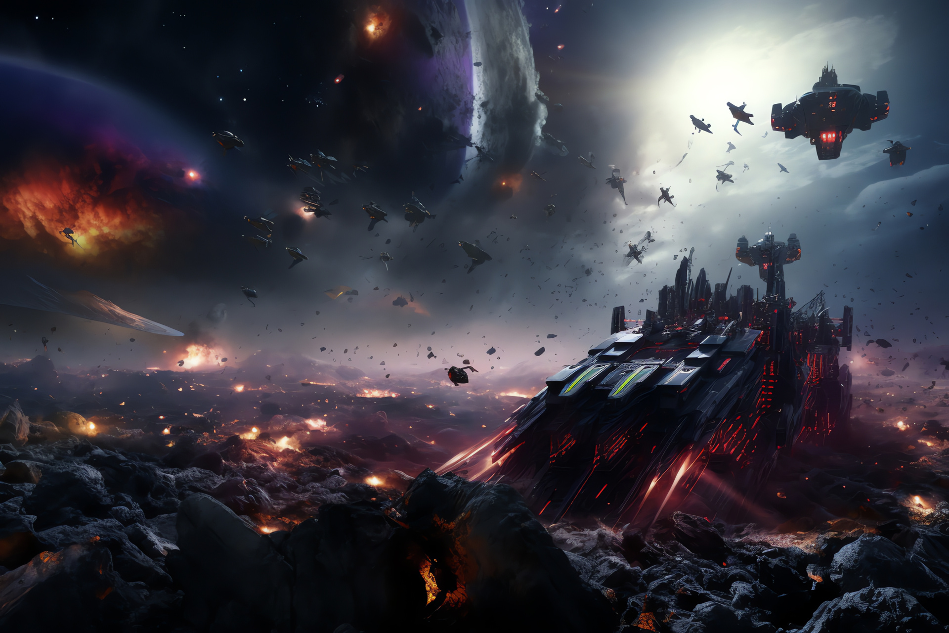 Cosmic warfare, deep space void, prismatic battle effects, boundless interstellar arena, HD Desktop Image