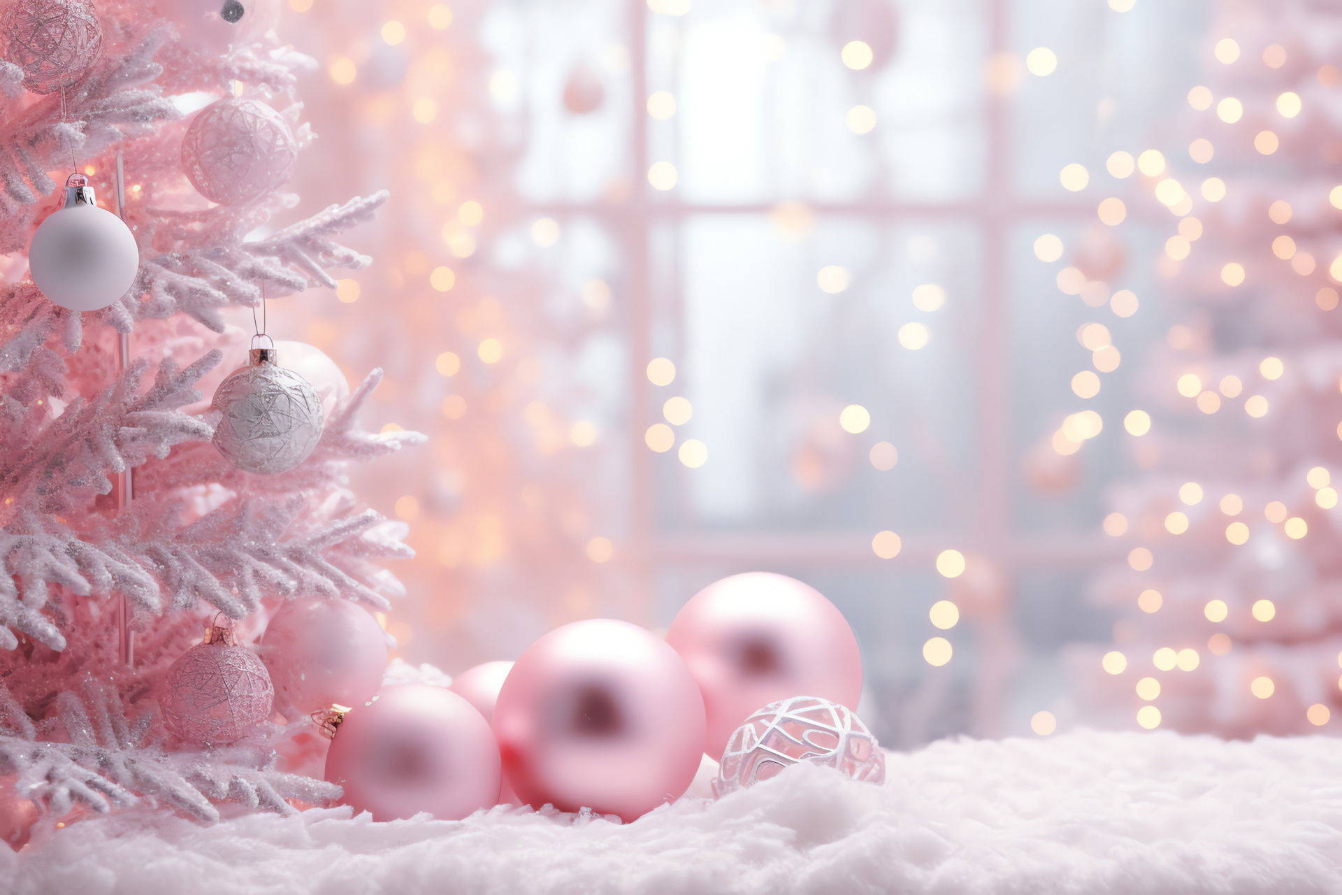 Indoor pink Christmas, Rosy decorations, Glowing ambiance, Winter nights, Festive plush, HD Desktop Image