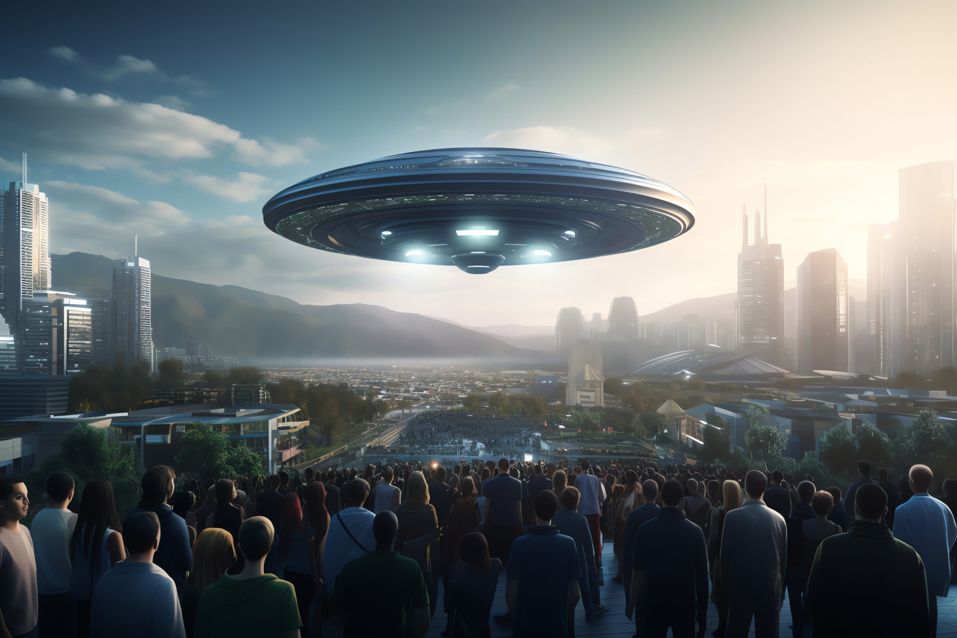 UFO terrestrial intrusion, City skyline visitor, Future-era craft, Populous gathering, Unidentified aerial vehicle, HD Desktop Image