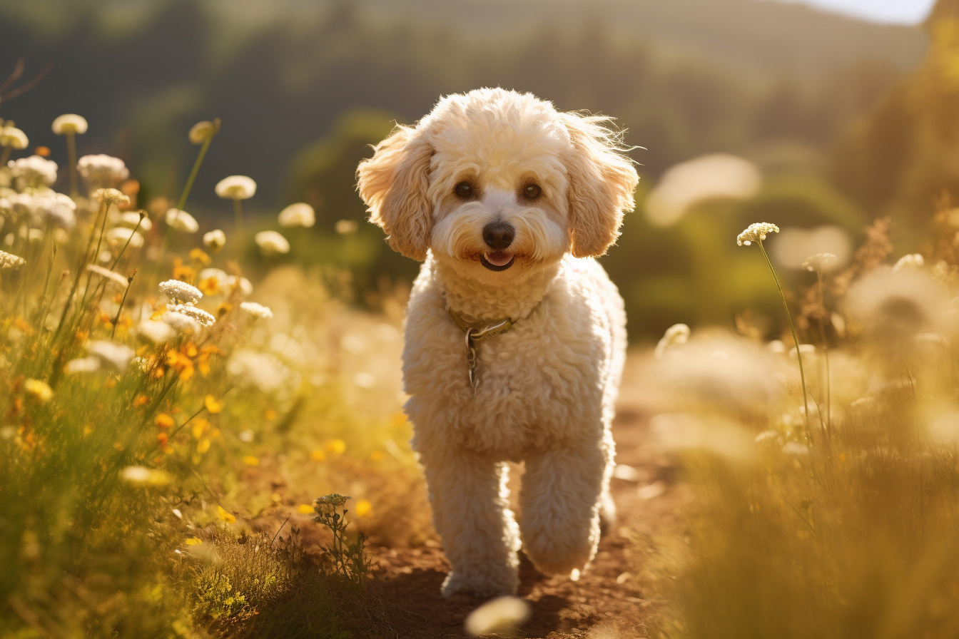 Poodle breed, cream fur, domesticated canine, tranquil walk, pet leisure, HD Desktop Image