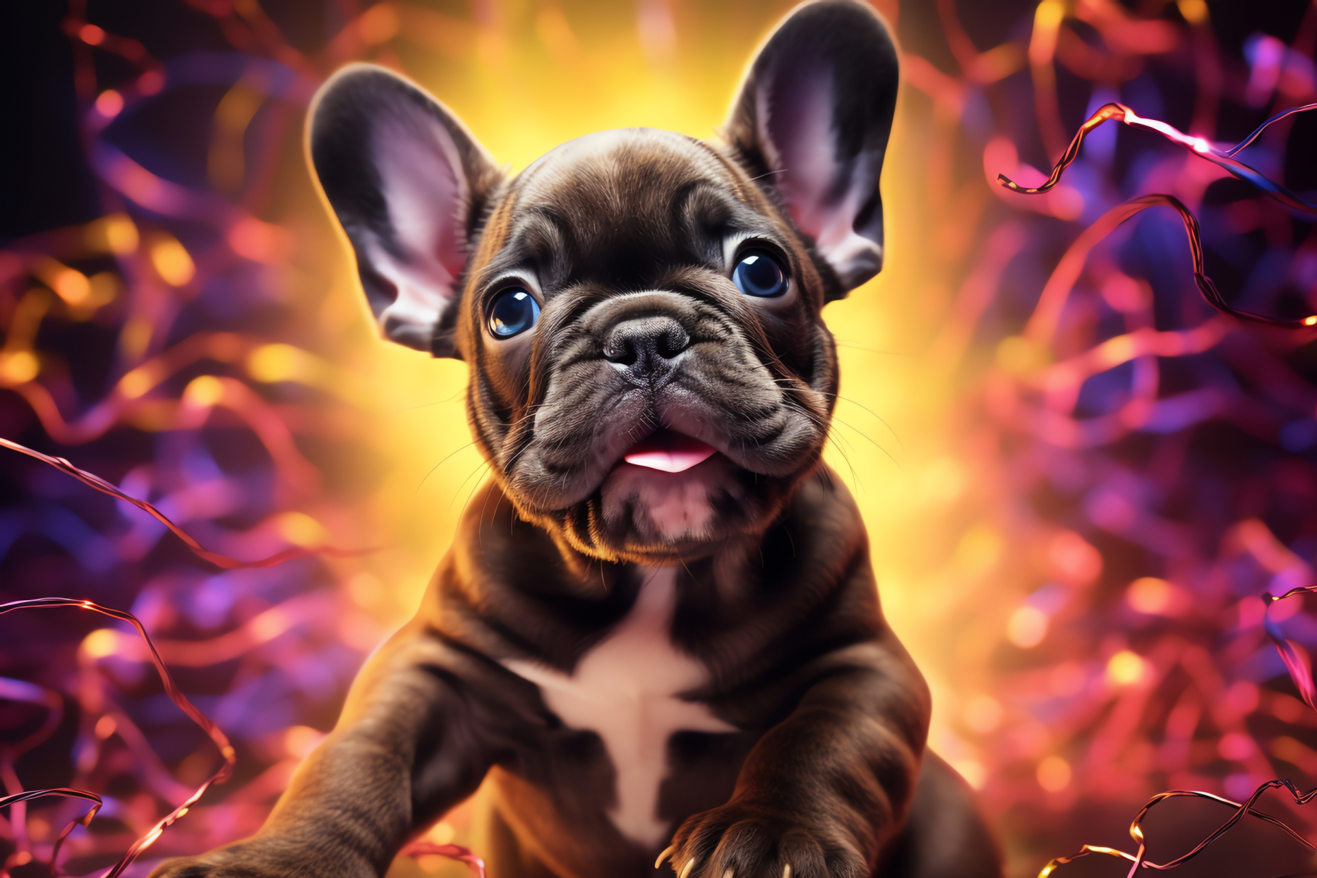 French Bulldog puppies, Compact sturdy body, Characteristic wrinkled face, Prominent bat-like ears, Dynamic swirling light backdrop, HD Desktop Wallpaper