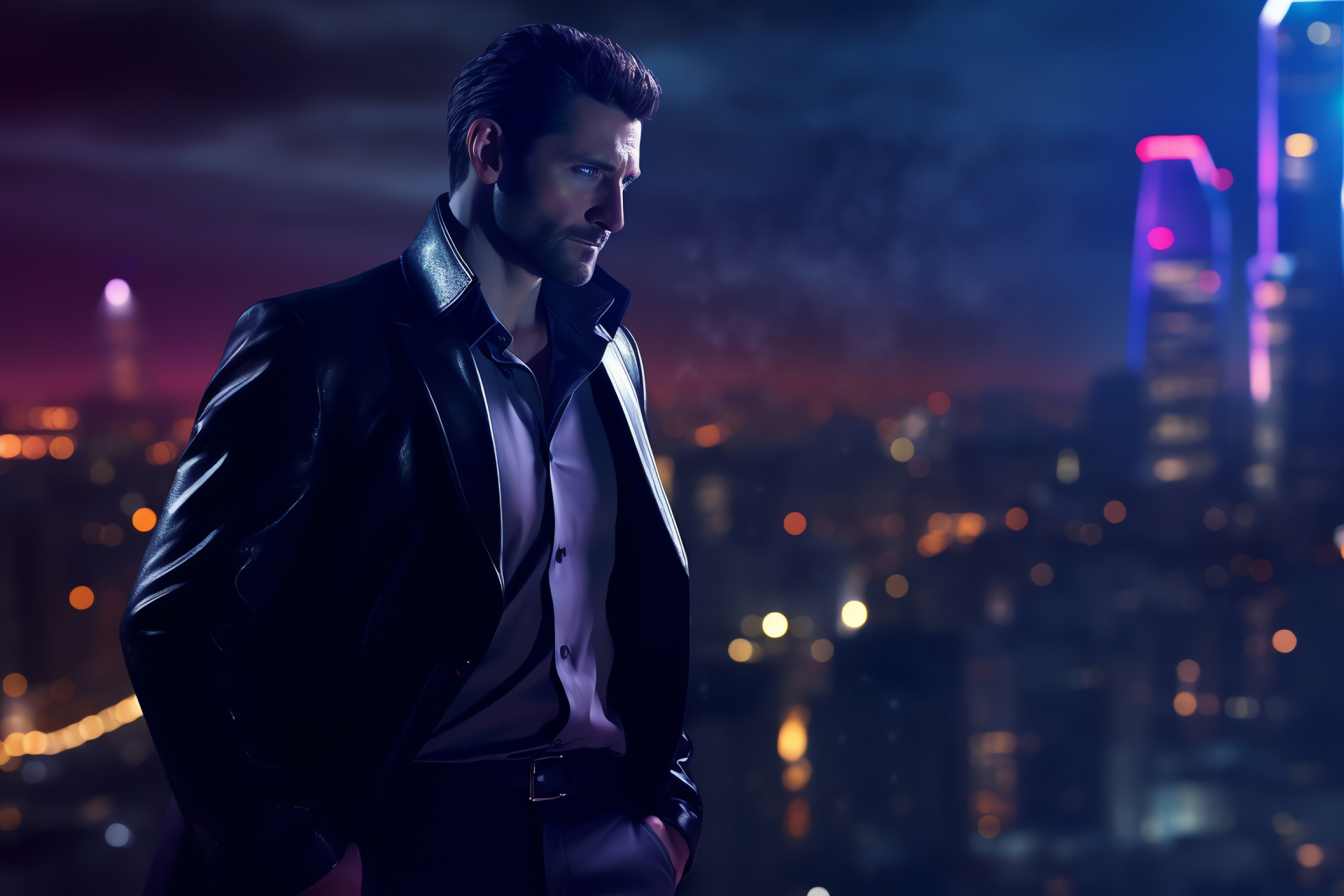 Richard Armitage, Actor's full stance, Rooftop location, Futuristic urban skyline, Adventure film, HD Desktop Wallpaper