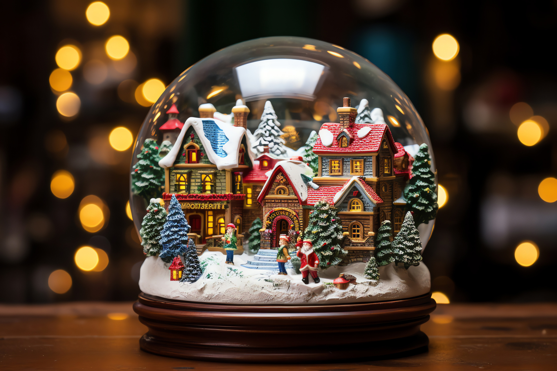 Miniature festive panorama, Christmas globe scenery, Merriment filled streets, Quaint seasonal dwellings, Winter decorative joy, HD Desktop Image