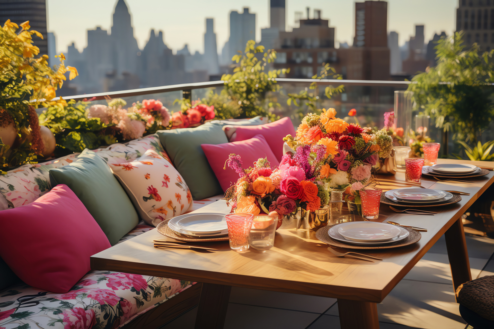 Personal birthday celebration, rooftop festivity, blooming garden ambiance, festive cocktails, floral arrangements, HD Desktop Image