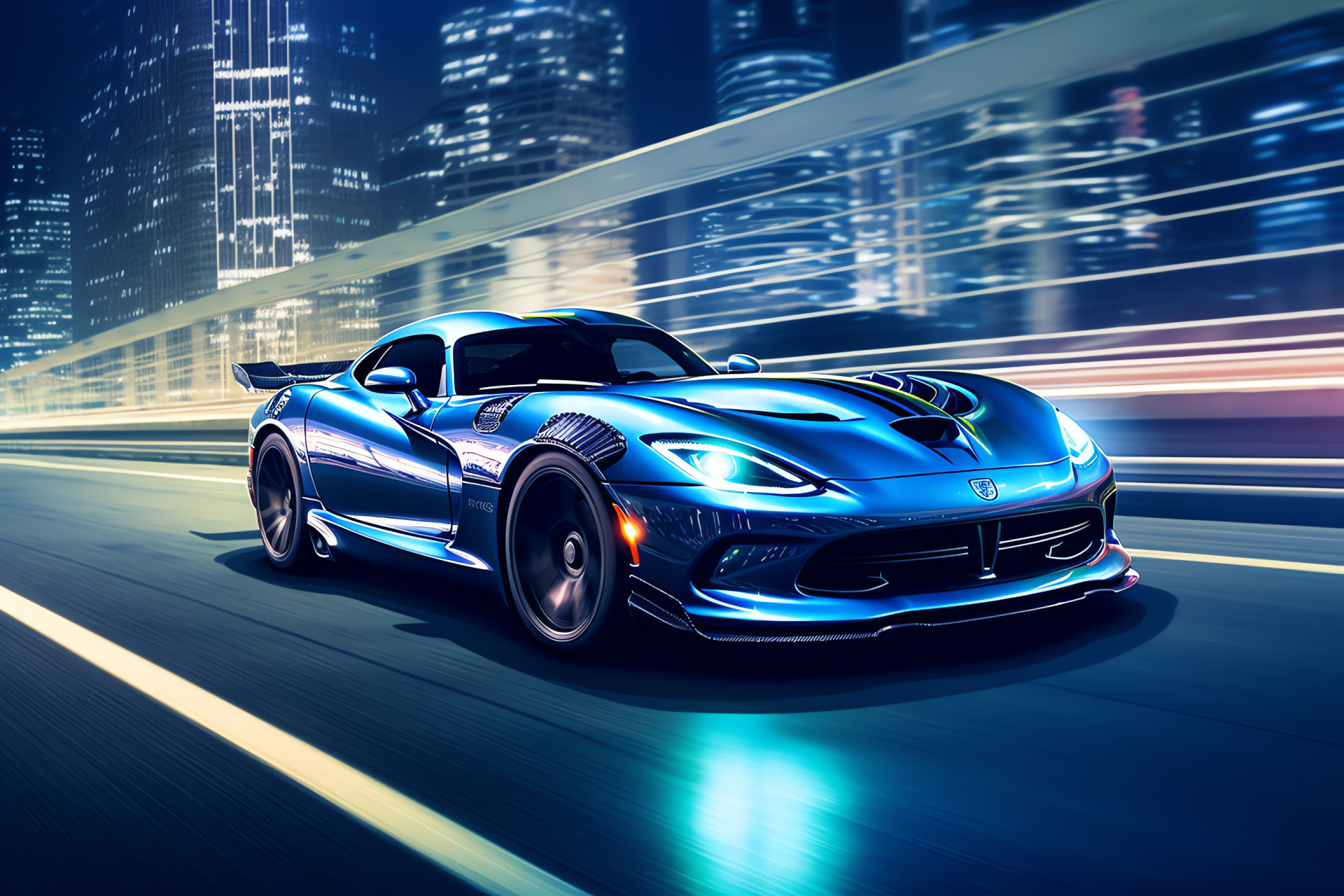 SRT Viper GTS, future city vibe, blue metallic finish, illuminated skyline, urban sophistication, HD Desktop Image