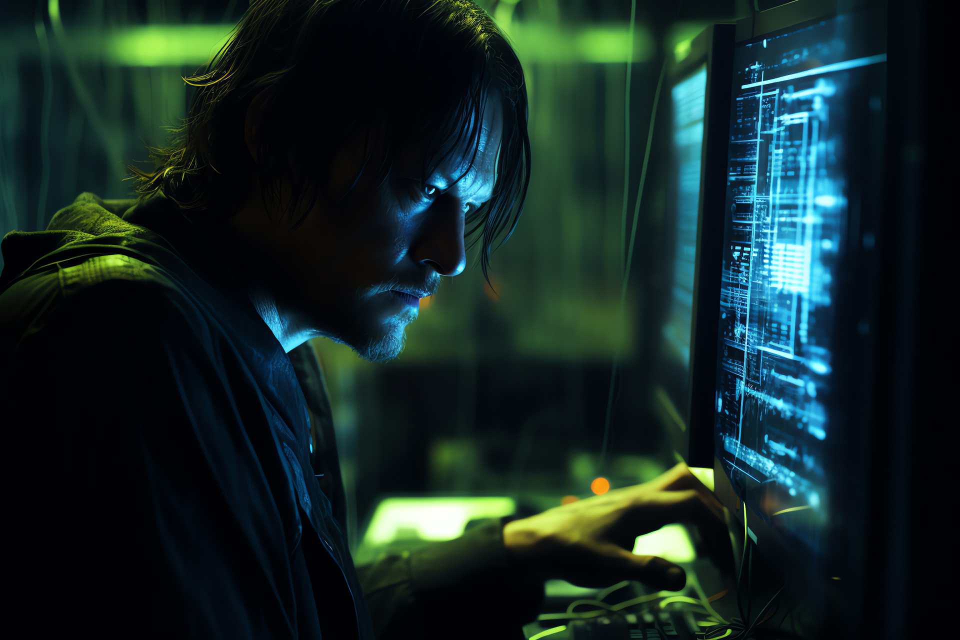 Norman Reedus, shadowy atmosphere, enigmatic room, technological screens, actor close shot, HD Desktop Wallpaper