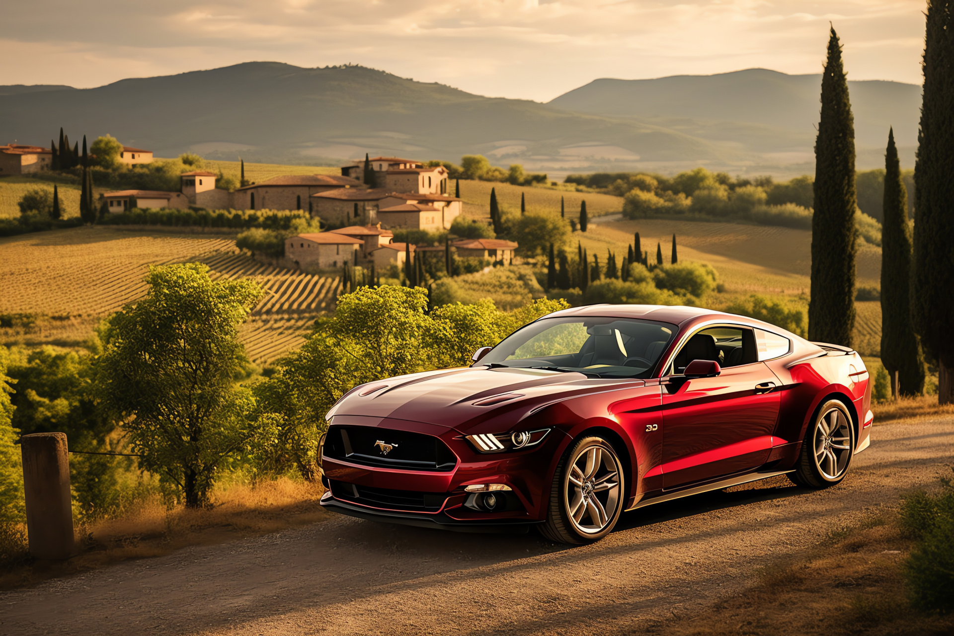 Ford Mustang, Tuscan roads, Italian countryside, Agricultural estates, Coniferous vegetation, HD Desktop Image