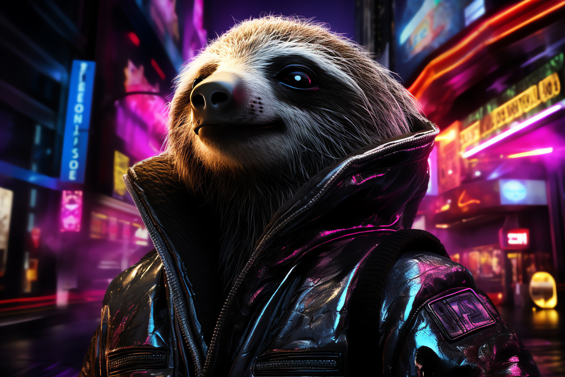 Fashion-forward Space Sloth, Black and silver fur blend, Glossy animal depiction, Neon cityscape theme, Nightlife cosmic style, HD Desktop Image