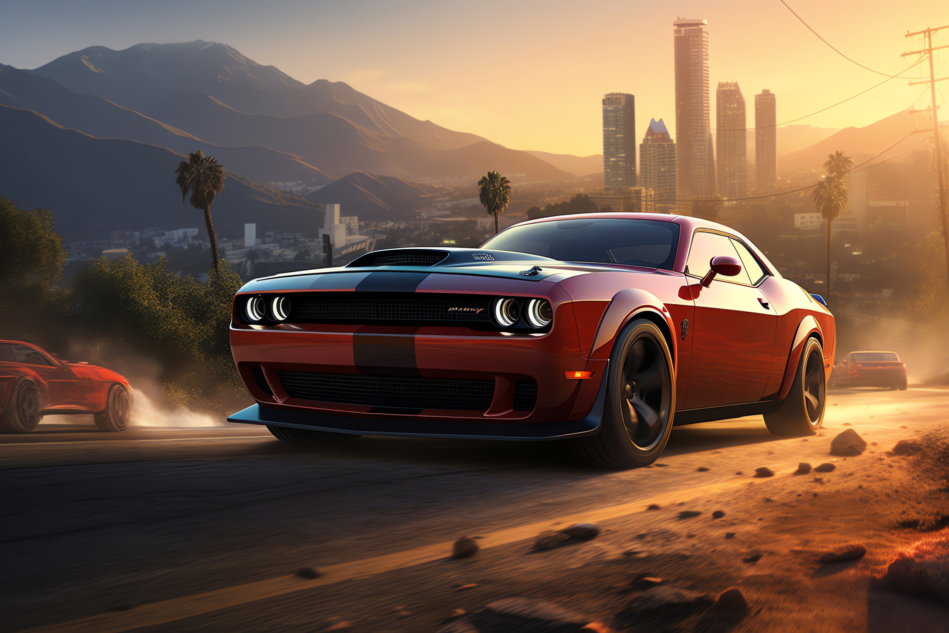 Dodge Challenger, American muscle car, Hollywood urban landscape, Performance engine, Famous LA landmark, HD Desktop Wallpaper