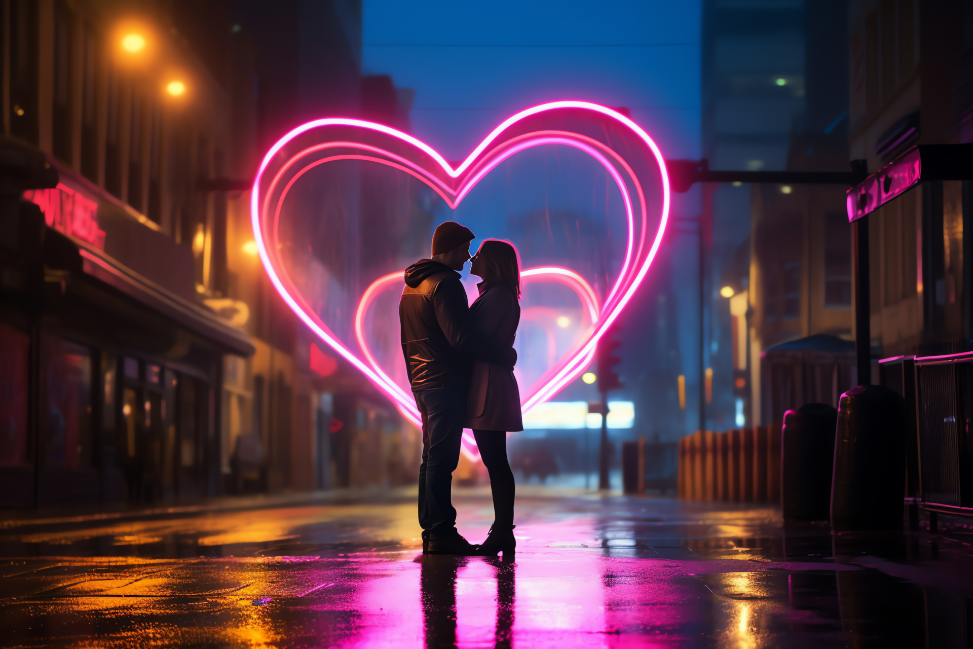 Romantic neon inscription, Metropolitan backdrop, Illuminated urban vista, Evening glow, Wet street reflections, HD Desktop Image