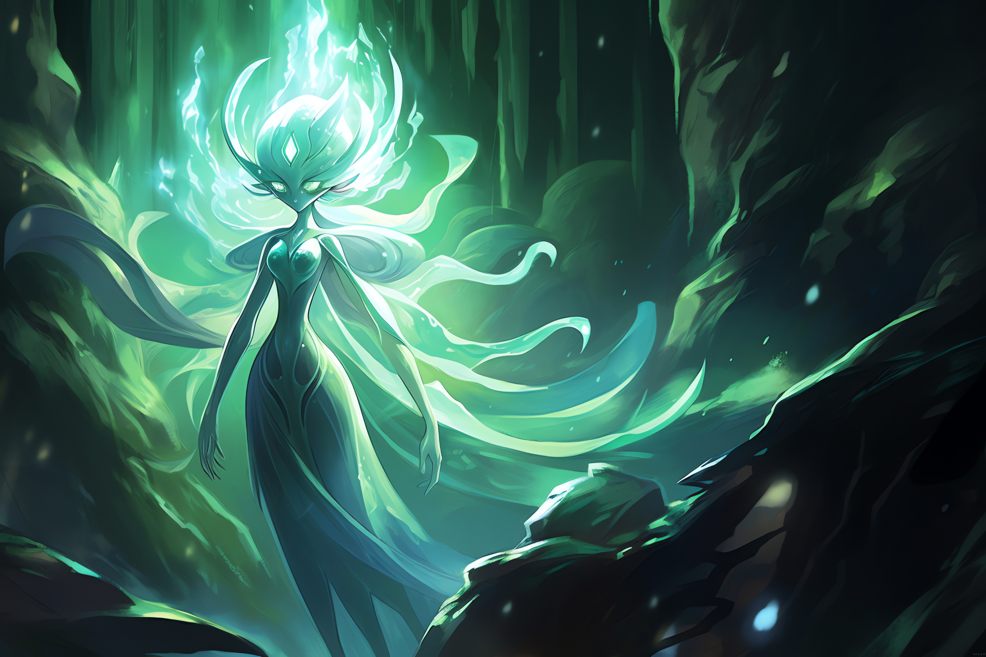 Pokemon Mega Evolution, Mega Gardevoir, gaming realm, enchanted cavern, mystical atmosphere, HD Desktop Wallpaper