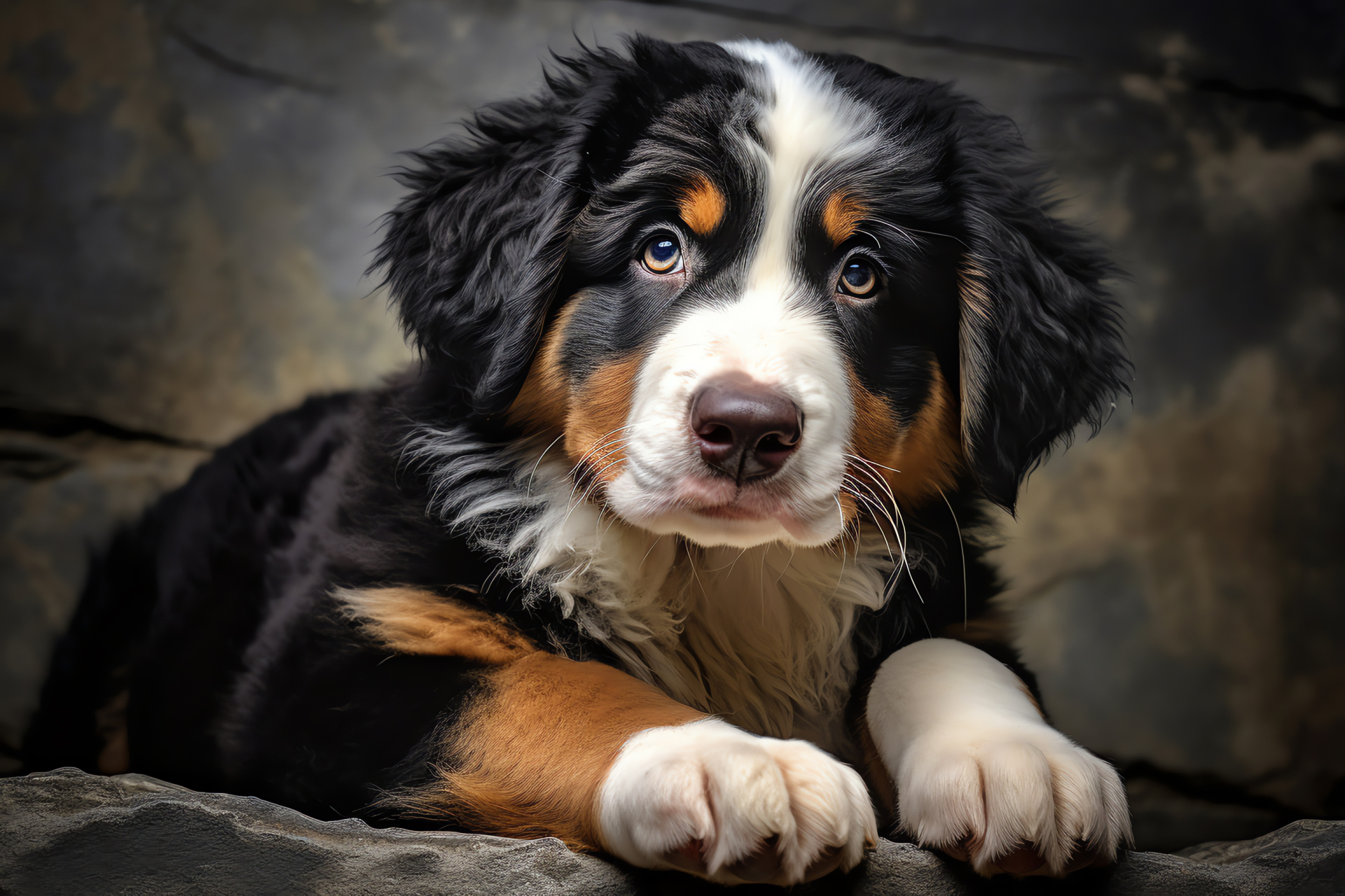 Bernese Mountain Dog relaxed, Peaceful canine posture, Fluffy long-haired breed, Deep emotional gaze, Harmonious tri-color scene, HD Desktop Wallpaper