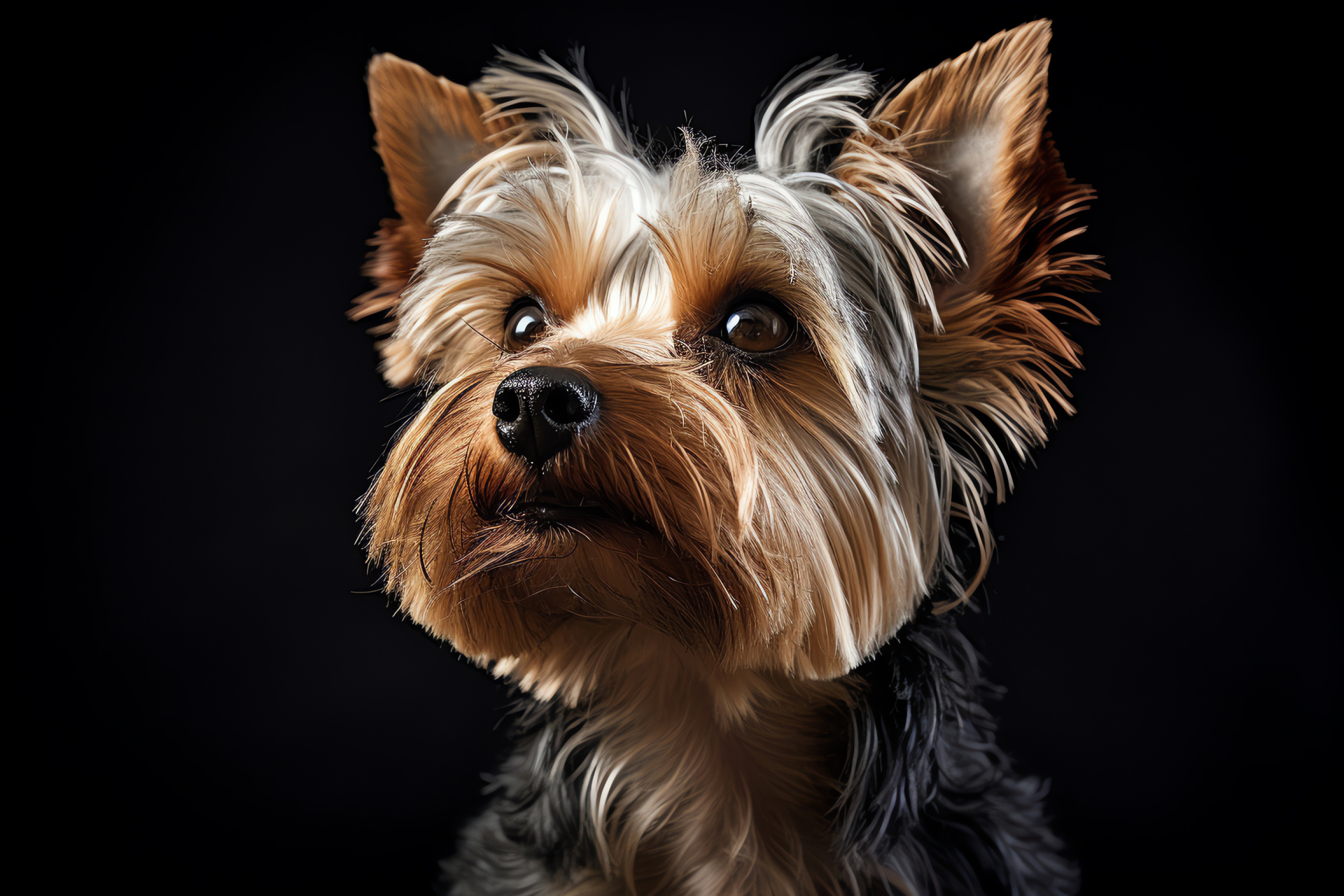 Tiny Yorkie, expressive pet gaze, silver-tan animal coat, detailed canine texture against dark setting, HD Desktop Image