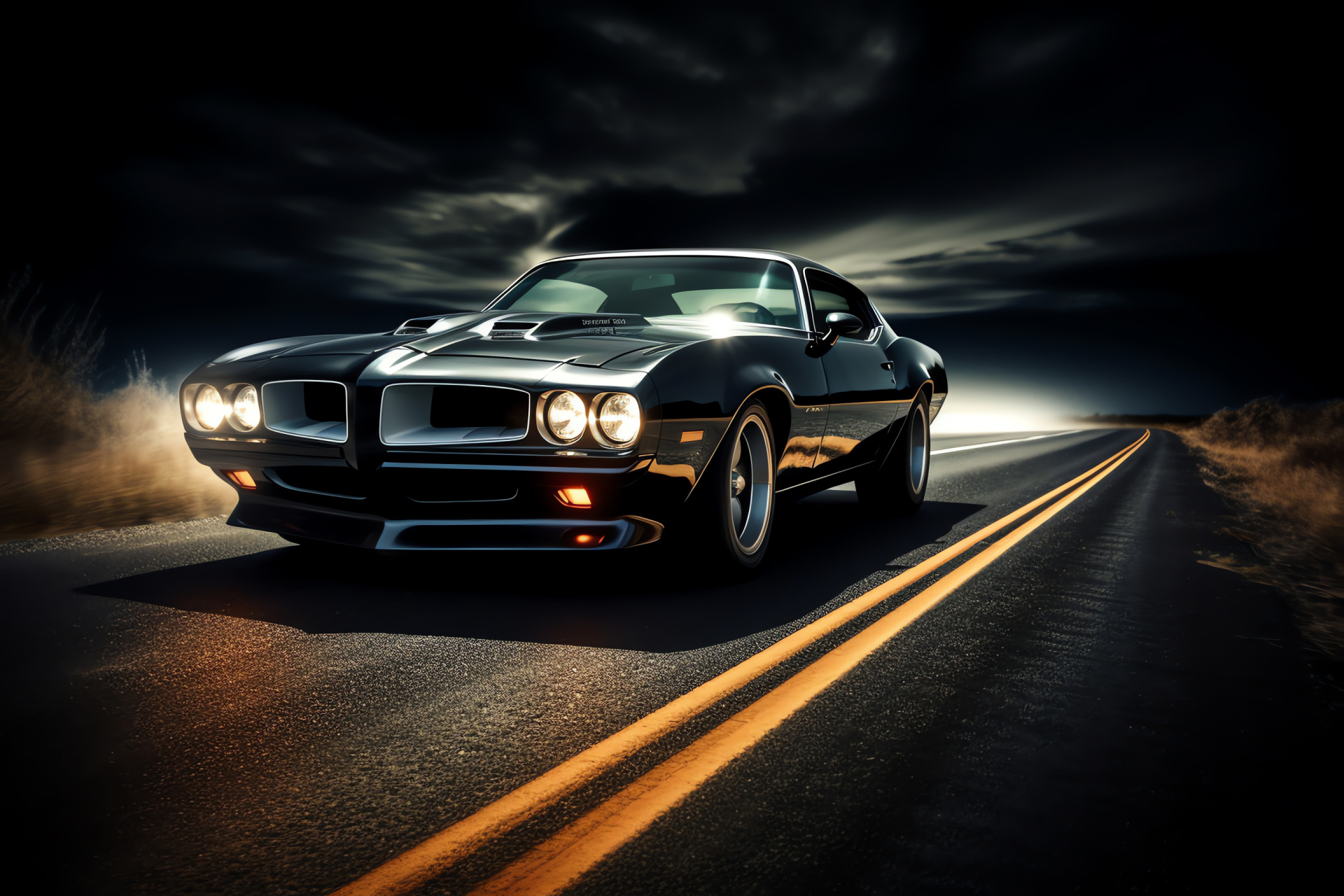 Pontiac Firebird presence, Iconic Trans Am, Headlights in the night, Highway aura, Mysterious presence, HD Desktop Image