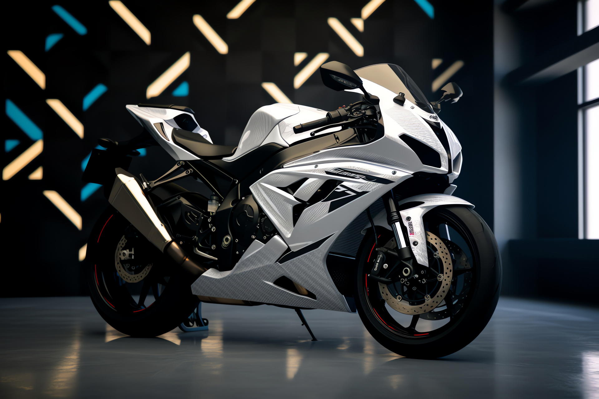 Suzuki GSX-R1000R bike, Broad racing angle, Geometric artistic context, Monochrome theme, Pallid motif, HD Desktop Image