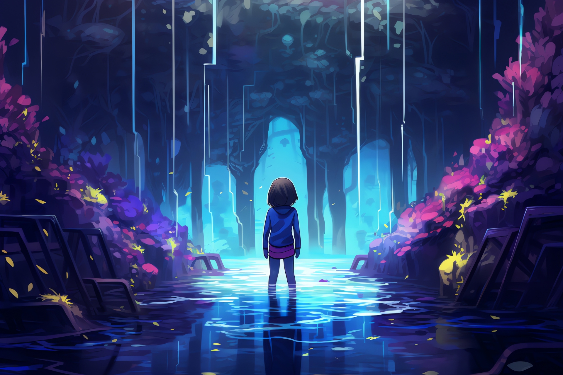 Undertale journey, protagonist Frisk, cascading landscape, relentless Undyne, aquatic visuals, HD Desktop Wallpaper