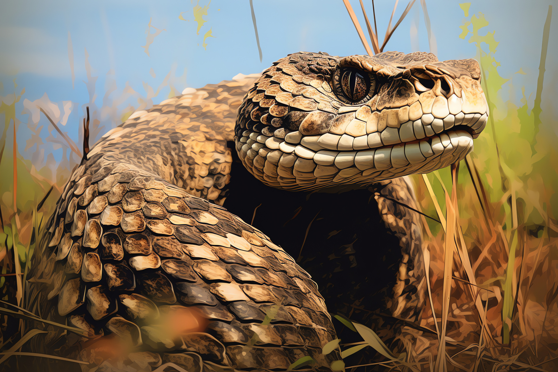 Eastern Diamondback, wetland habitat, natural blending, earthy scale palette, robust form, HD Desktop Wallpaper