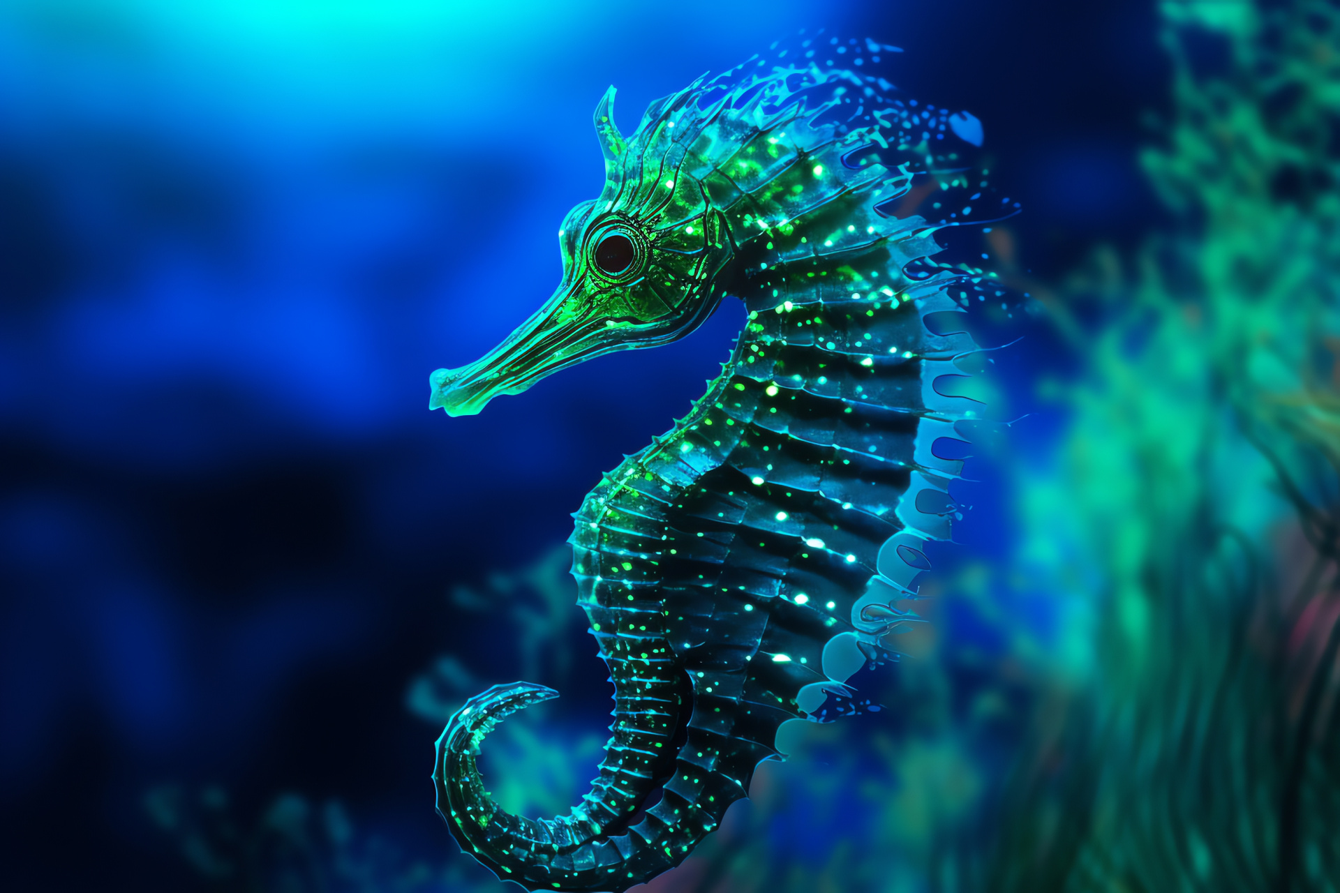 Sea Horse, turquoise stature, diagonal position, glowing lines backdrop, intricate patterns, neon light effects, HD Desktop Image