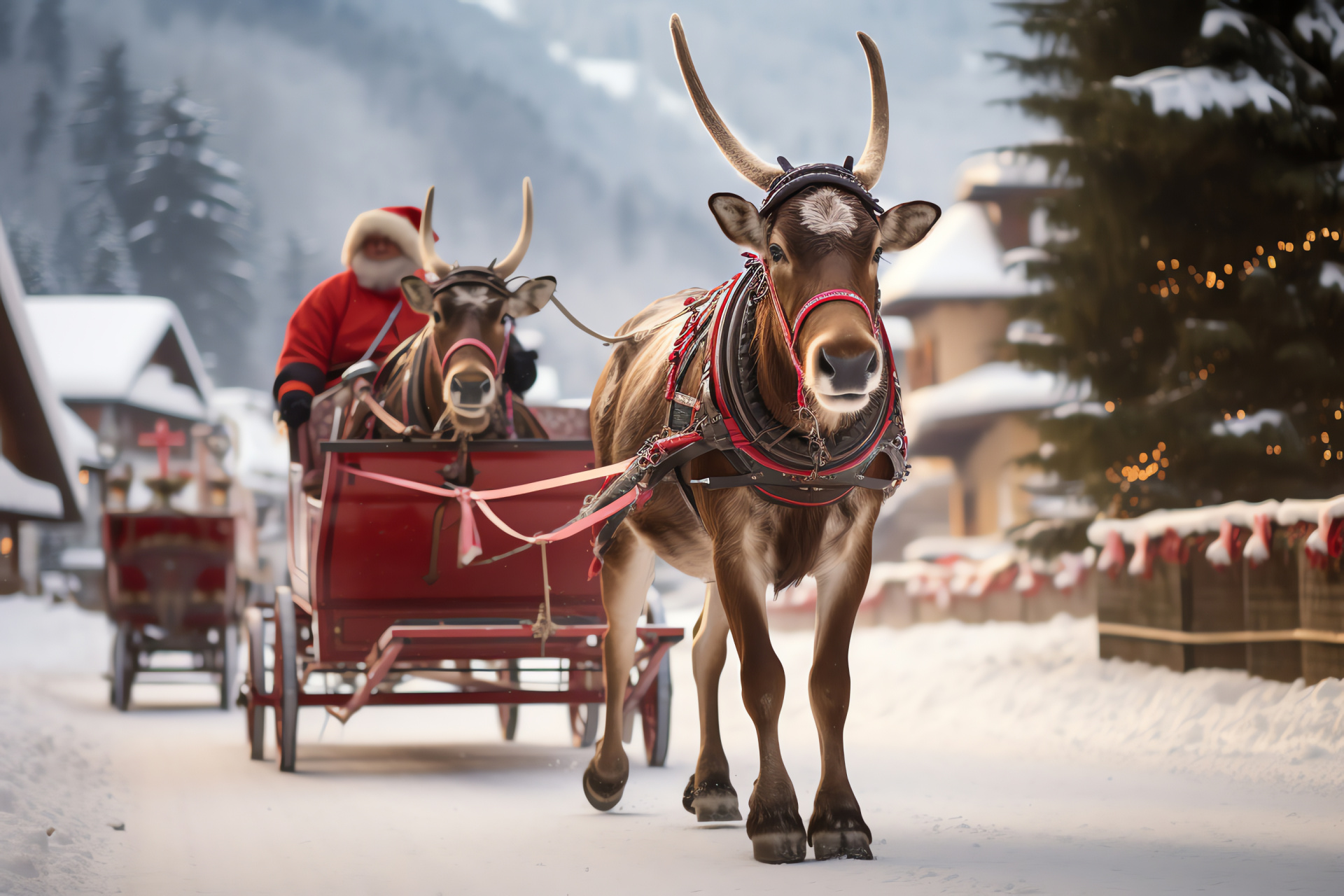 Rudolph in Swiss winter landscape, Reindeer in snowy village setting, Alpine mountains backdrop, Switzerland holiday charm, Seasonal reindeer character, HD Desktop Wallpaper