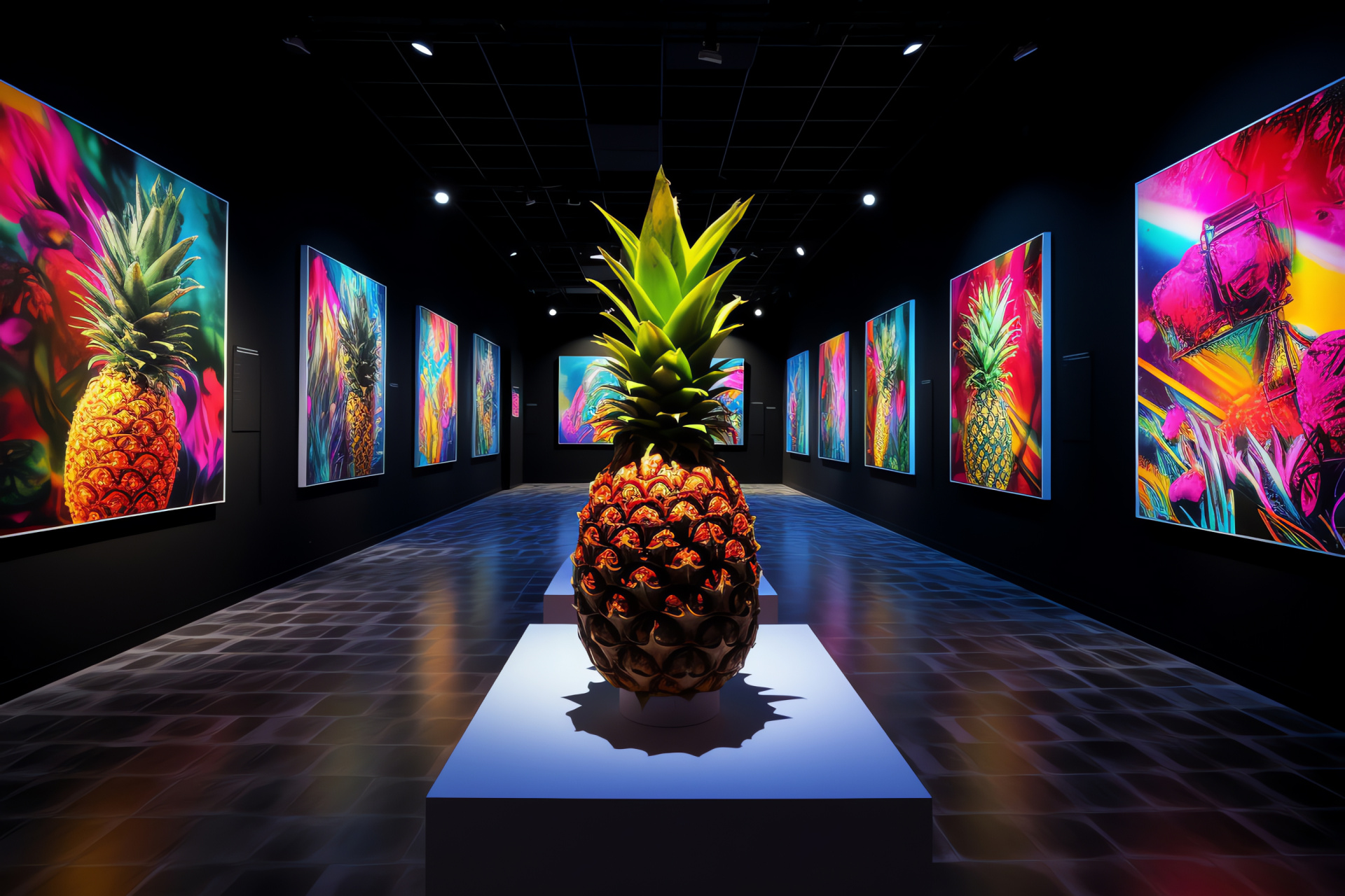 Pineapple, Fruit sculptures, Gallery exhibition, Captivating art, Creative display, HD Desktop Wallpaper