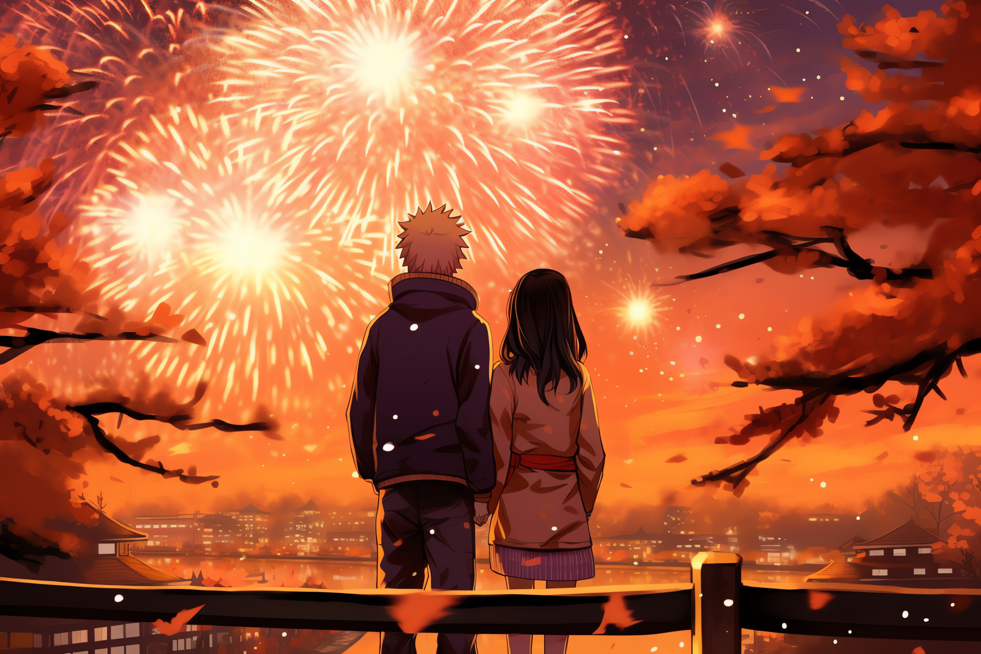 Anime couple, Naruto and Hinata, gentle exchange, festival illumination, iconic outfit, HD Desktop Wallpaper