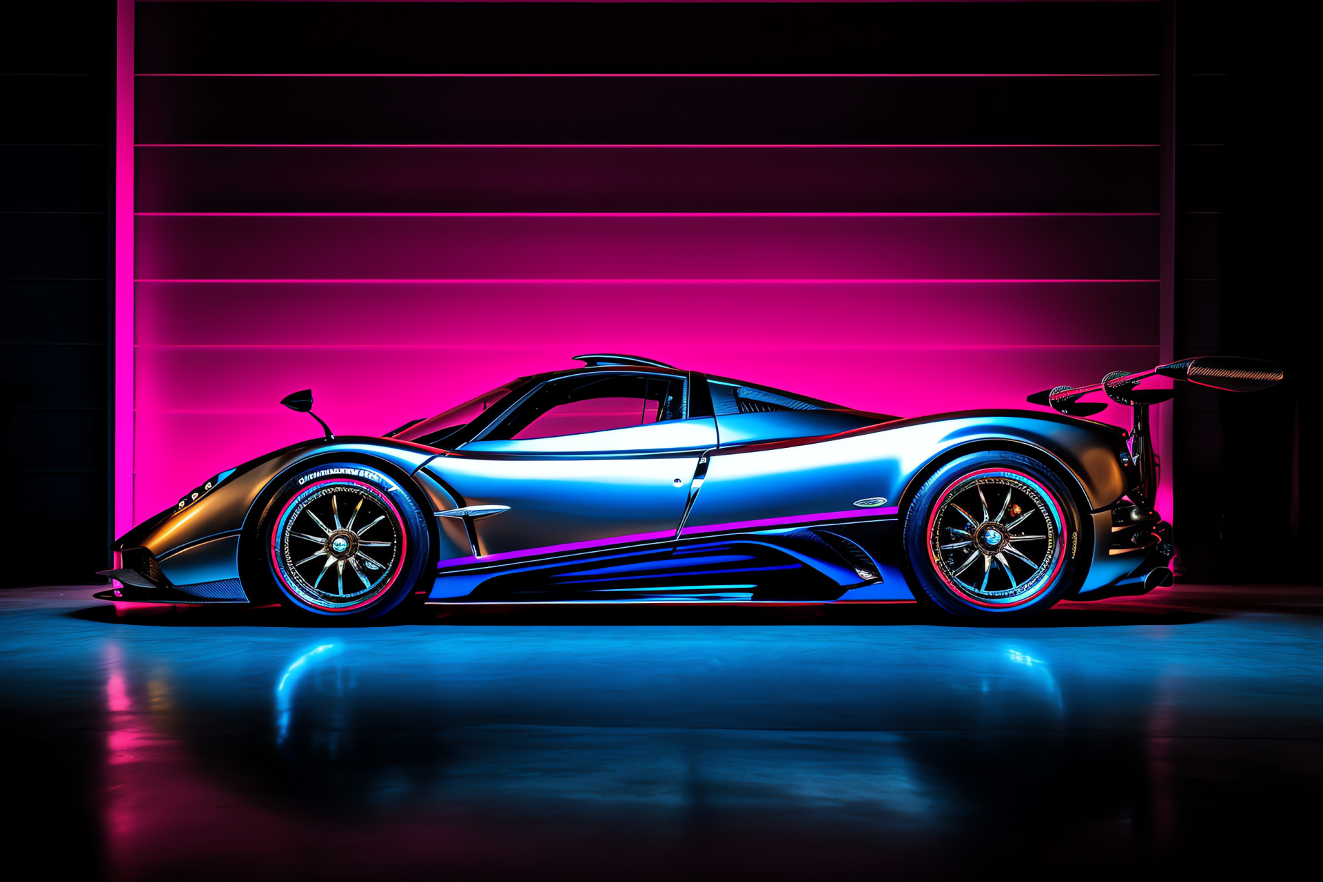 Pagani Zonda F, Bold design, Captivating atmosphere, Bright neon lighting, Artful presentation, HD Desktop Image