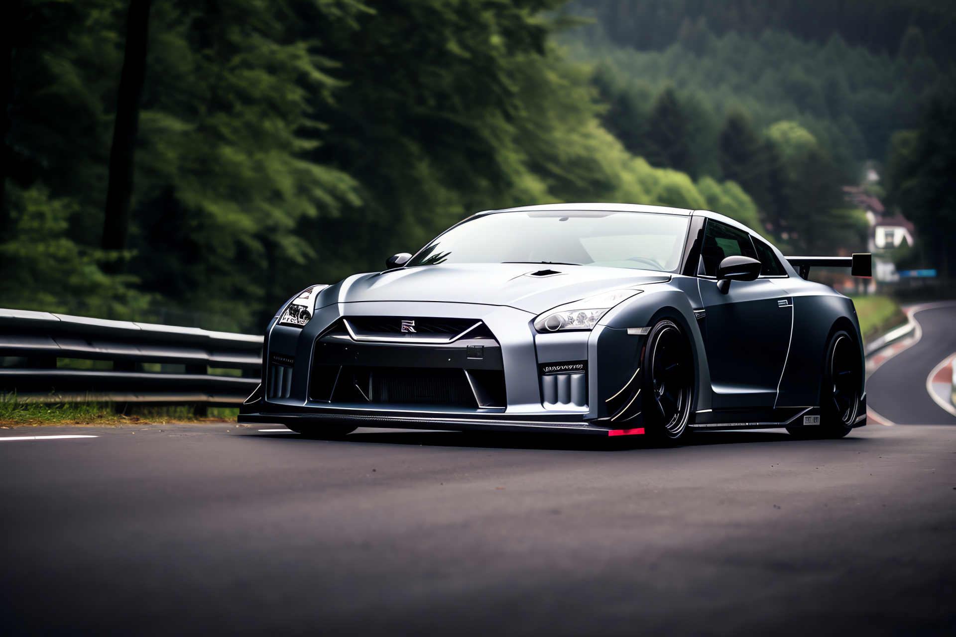 Nissan GTR R35 racer, Track Edition style, Eifel circuit locale, aerodynamic refinement, carbon detailing, HD Desktop Image