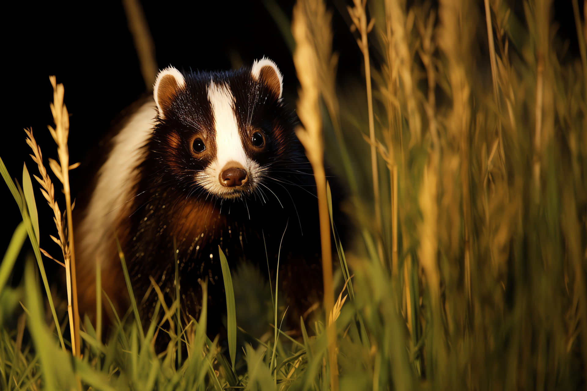 Nocturnal skunk, wildlife creature, nature photography, striped mammal, meadow inhabitant, HD Desktop Wallpaper