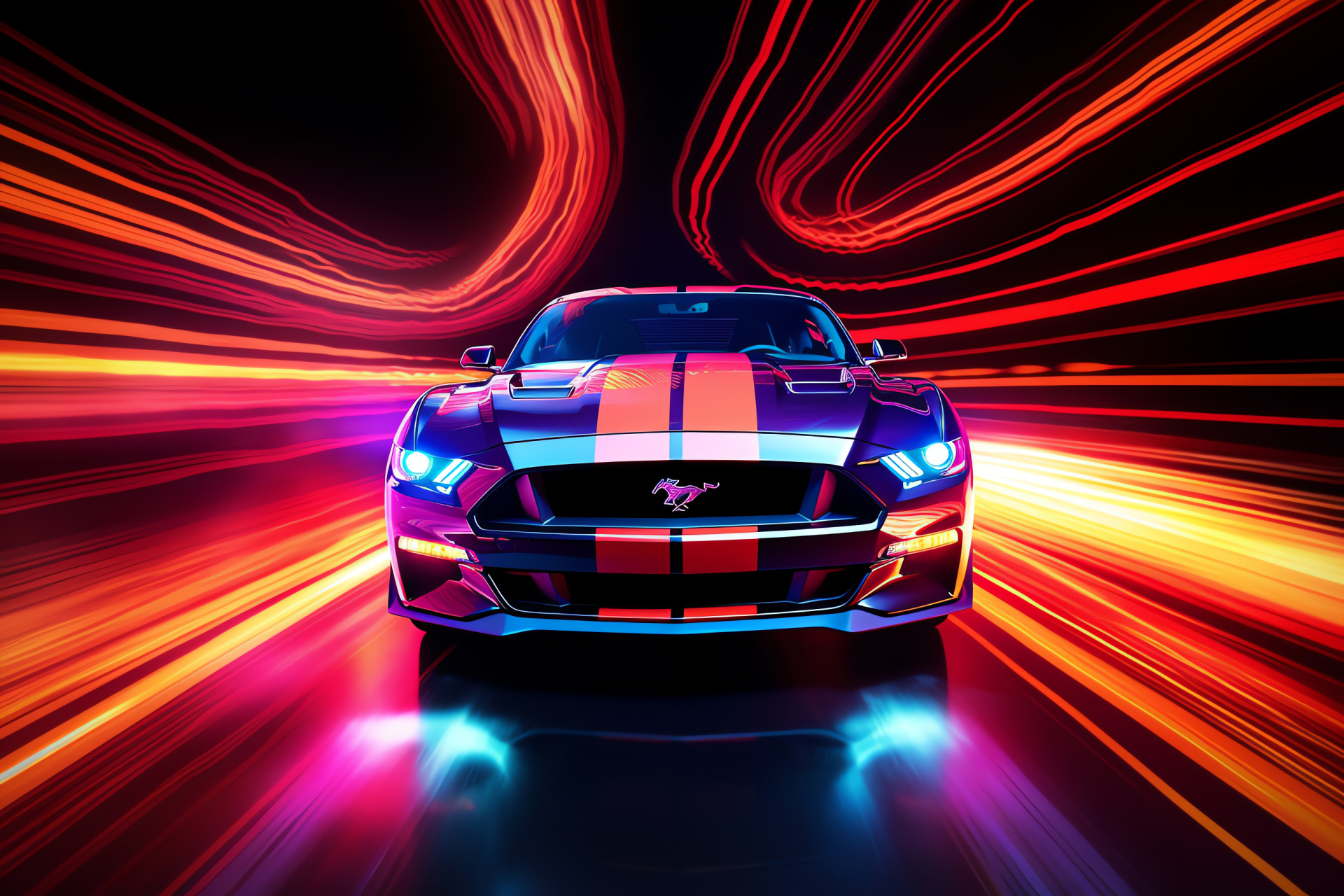 Glowing Mustang presence, Illuminated streak backdrop, Wide Mustang stance, Vibrant neon tones, Electric sportiness, HD Desktop Image
