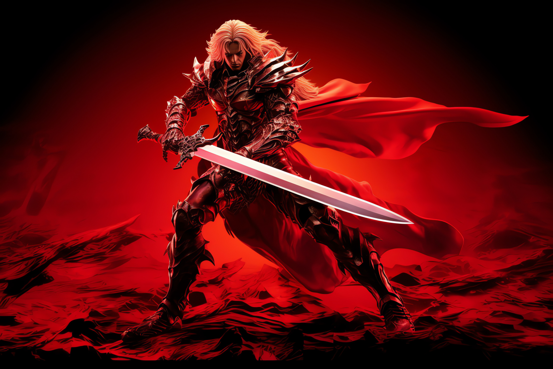 Siegfried character, Soul Calibur warrior, Manifested might, Unyielding resolve, Intense sapphire gaze, HD Desktop Image