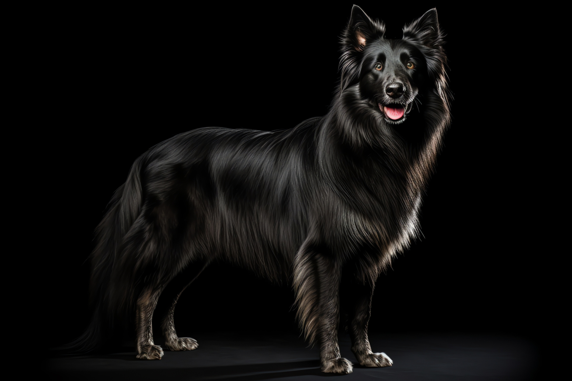 Sheepdog stance, guardian breed, deep black fur, uniform dark background, canine poise, HD Desktop Wallpaper