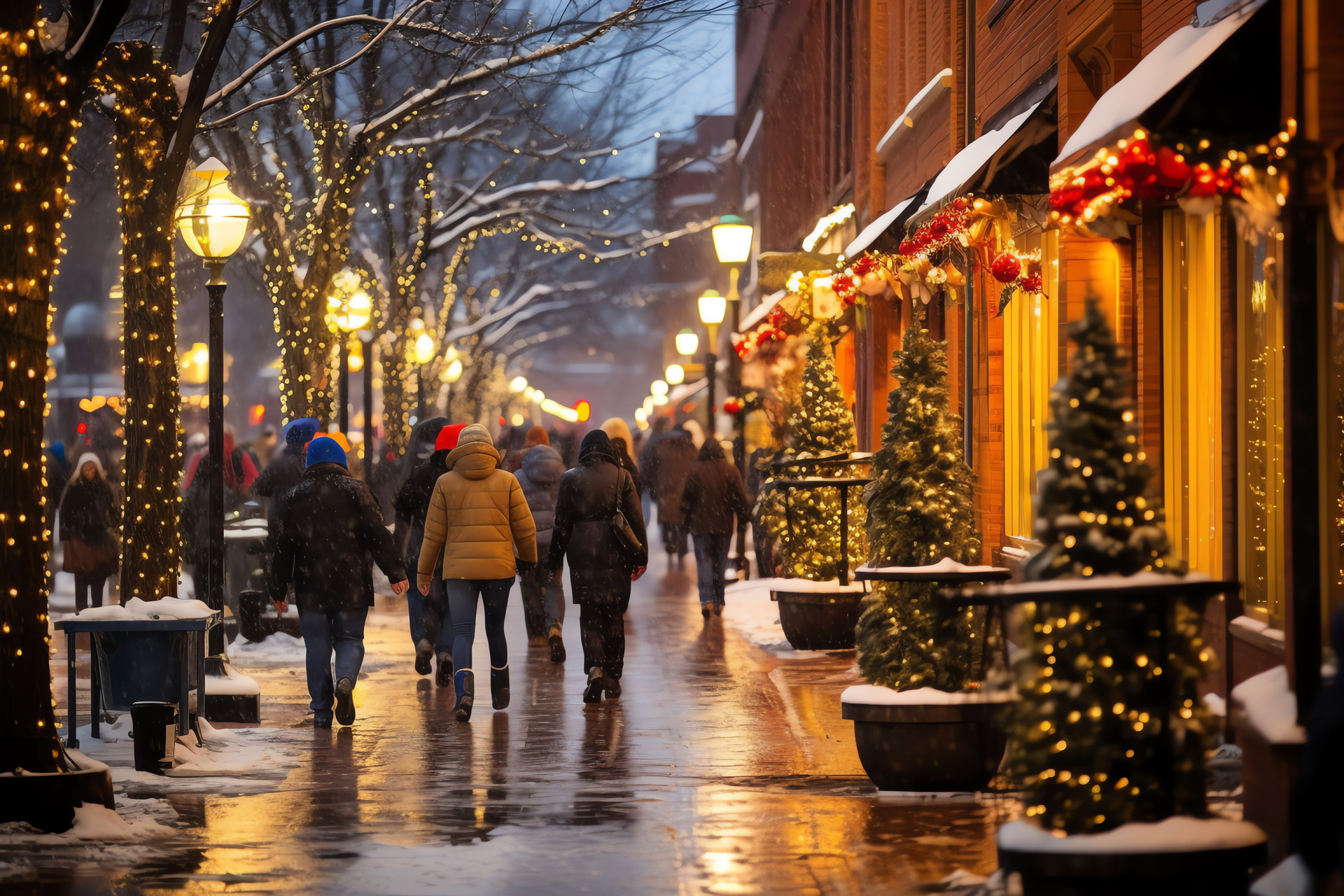 Wintry nocturnal street, holiday street illumination, snowy urban scene, bundled passersby, chilly winter apparel, HD Desktop Image