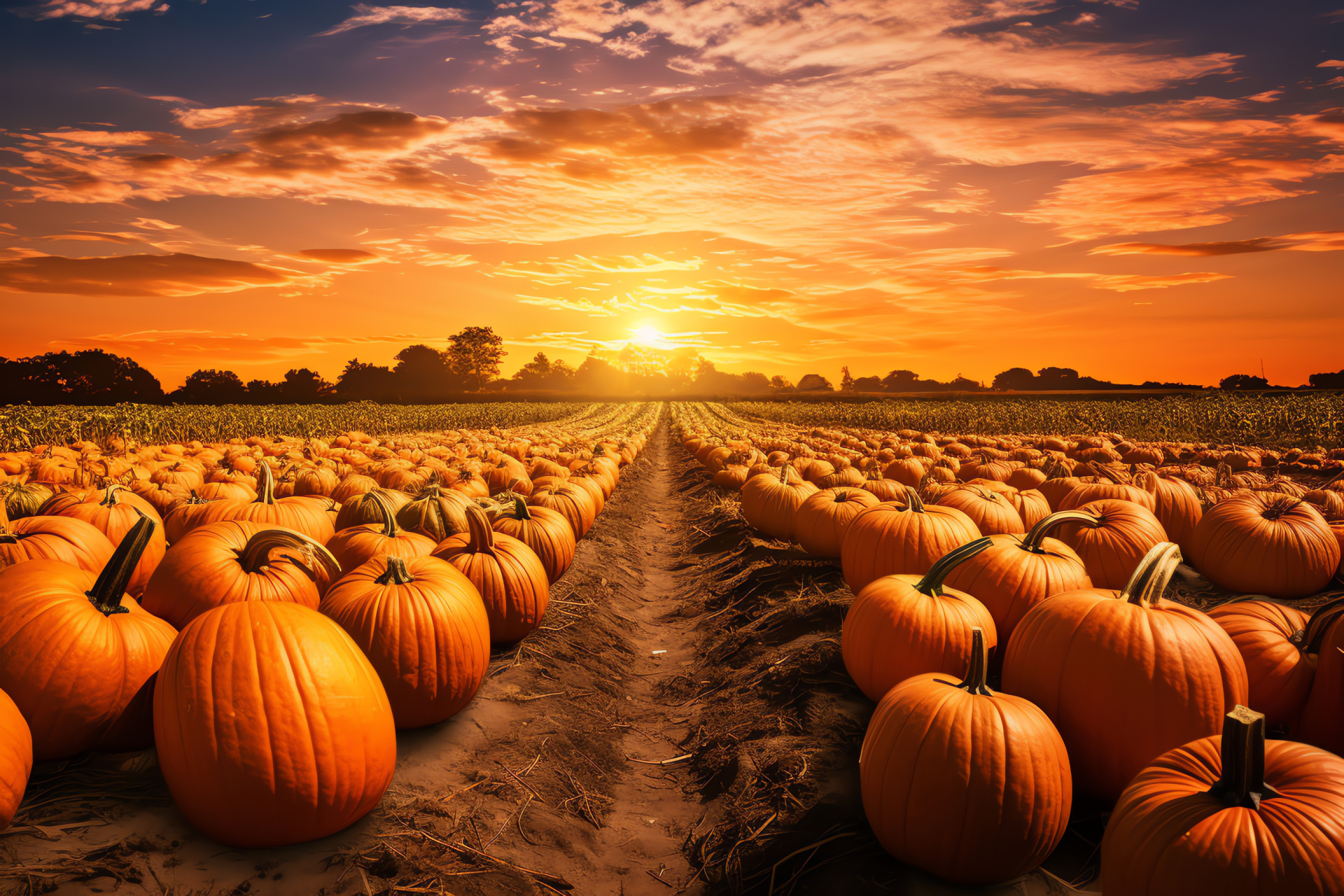 Harvest season, countryside cultivation, pumpkin patch, dusky tones, pastoral sunset, HD Desktop Image