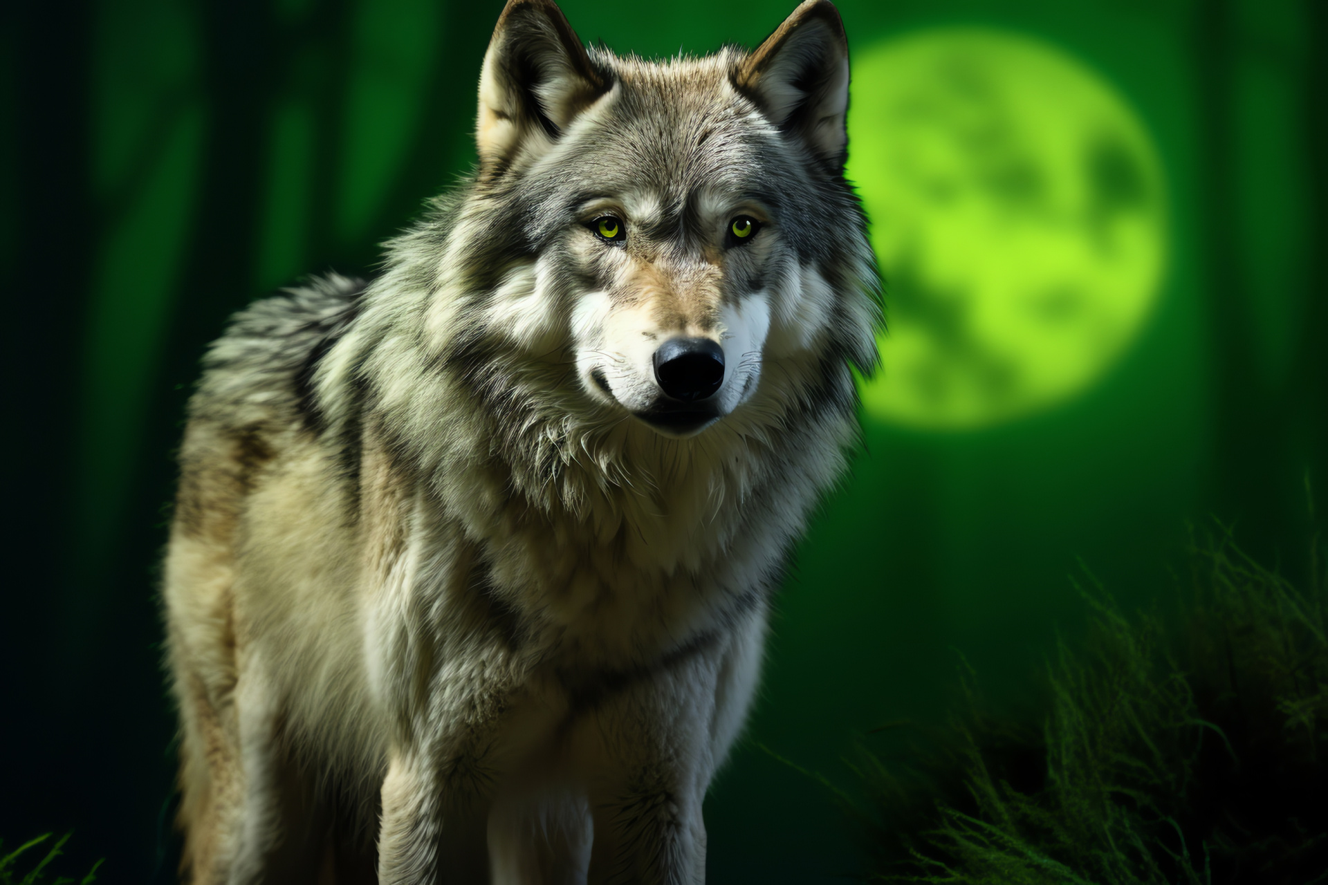 Canis lupus, Nocturnal hunter, Luminous celestial body, Piercing gaze, Mammalian pelt textures, HD Desktop Wallpaper
