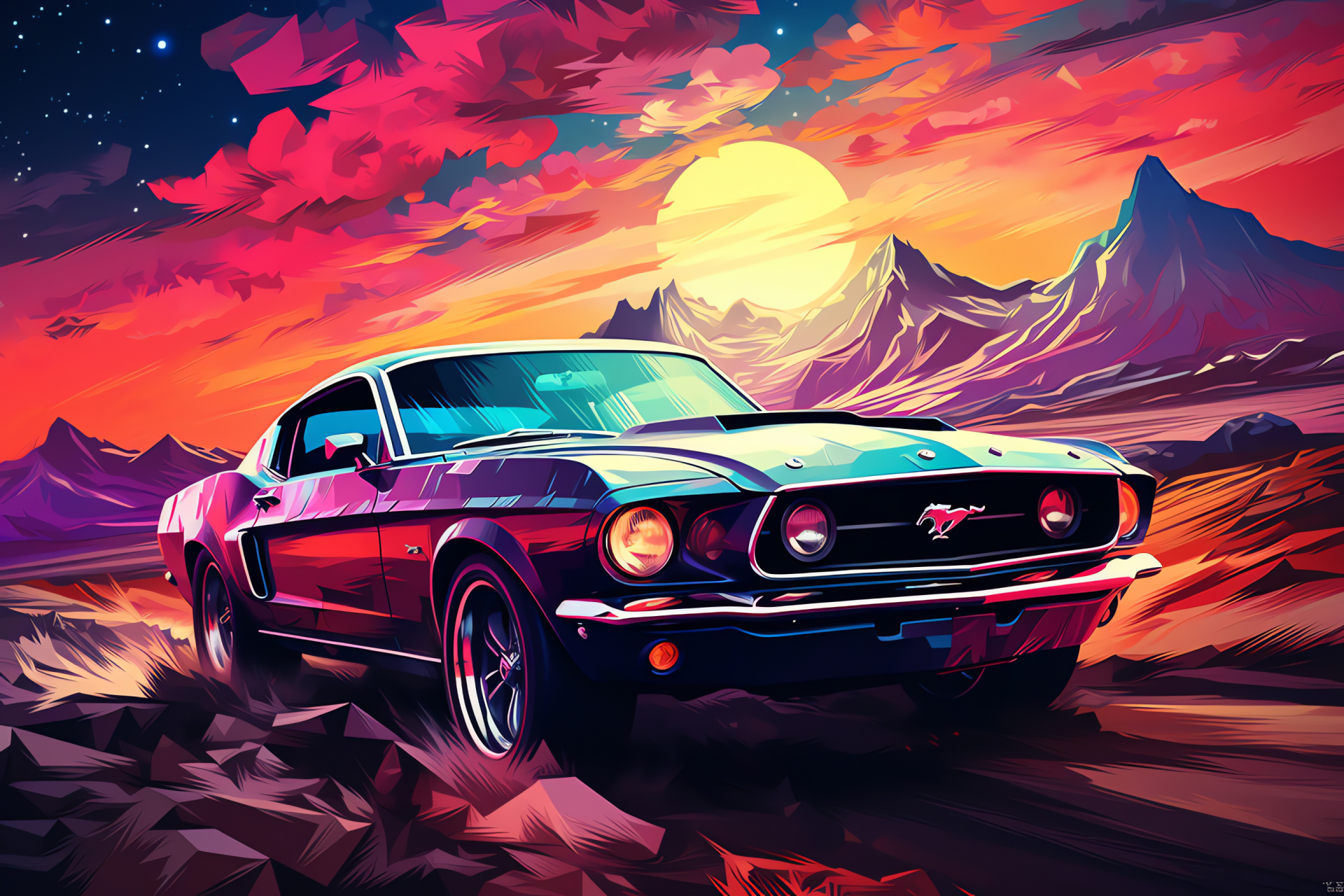 Ford Mustang landscape, Vast plains auto, Mustang silhouette, Low angle muscle car, Powerful design, HD Desktop Wallpaper