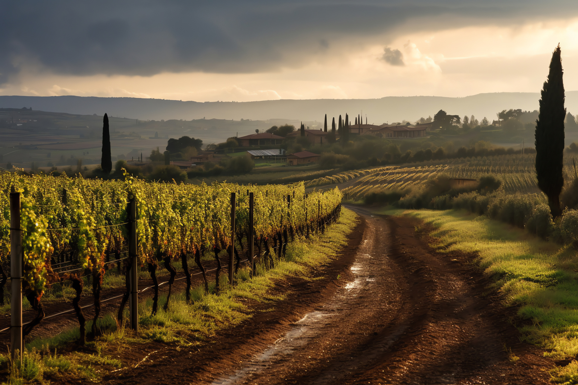 Tuscany rain caress, Italian vineyard elegance, rolling hills grapes, damp earth richness, pastoral church chimes, HD Desktop Image