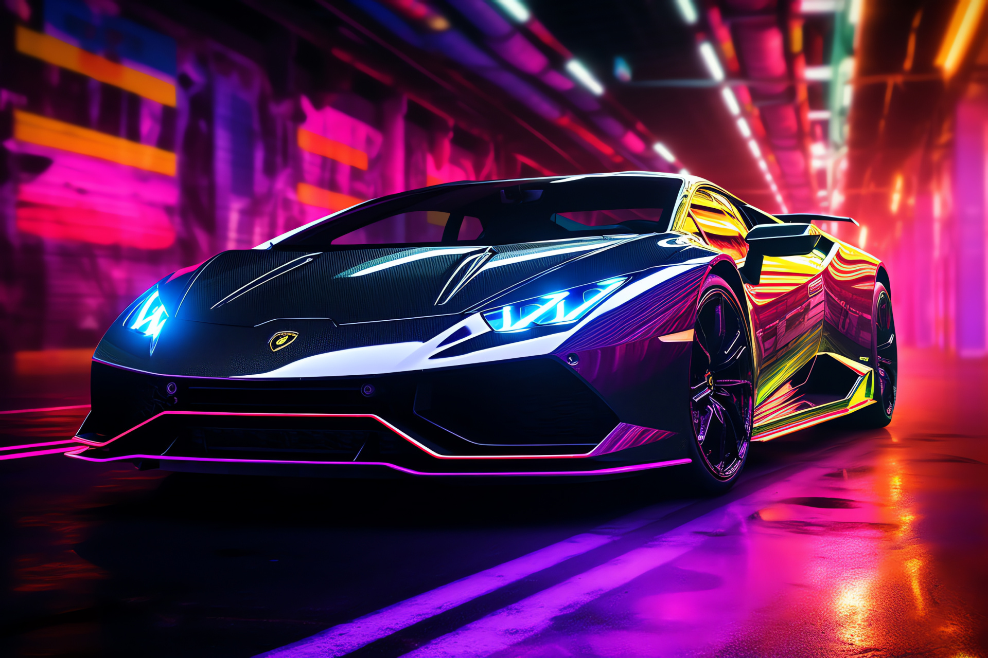 Lamborghini aesthetics, Neon art backdrop, Automotive future, Standout design, Eye-catching sportscar, HD Desktop Wallpaper