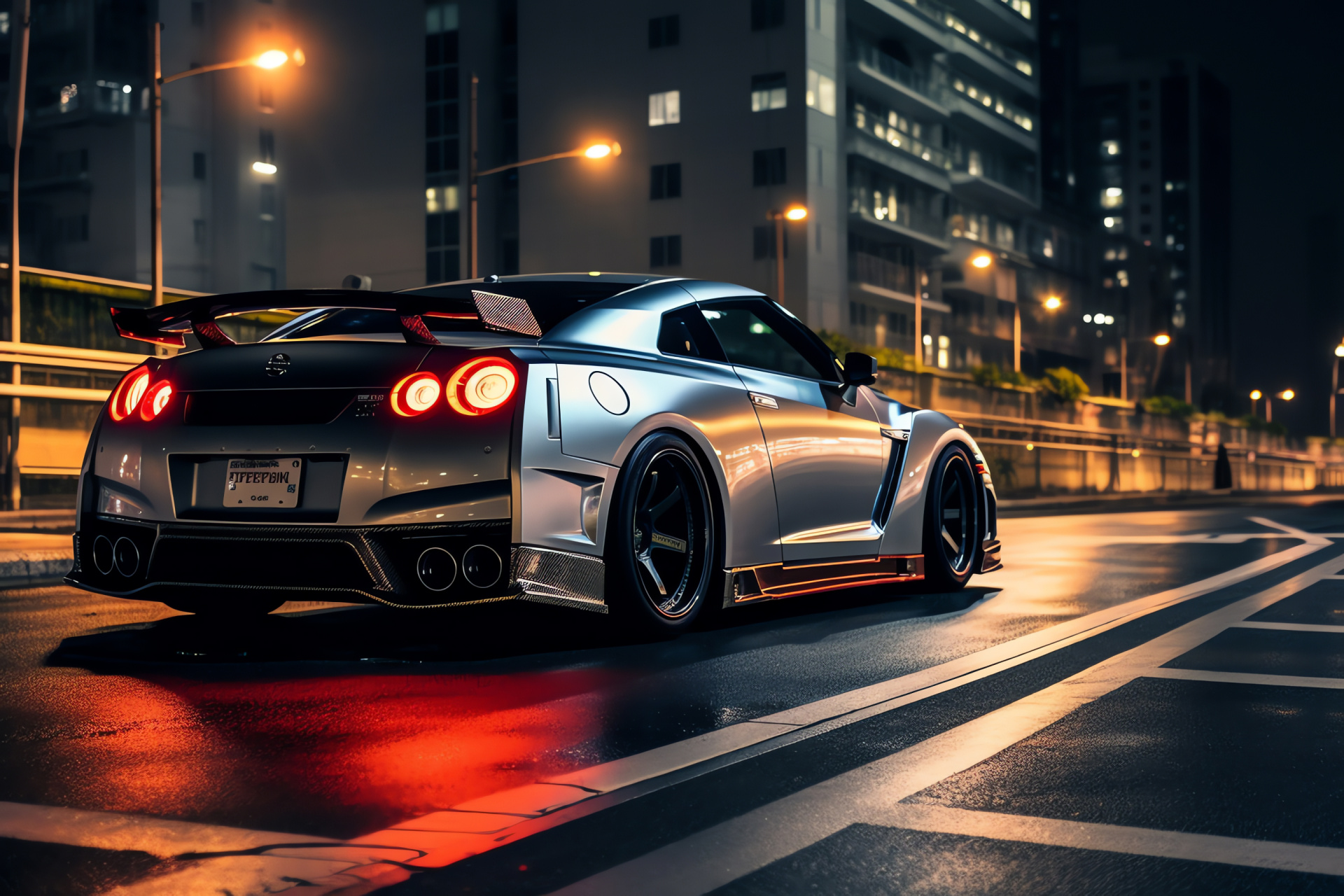 Nissan GTR R35, Tokyo elegance, Track version, silver sophistication, nightlife ambiance, HD Desktop Wallpaper