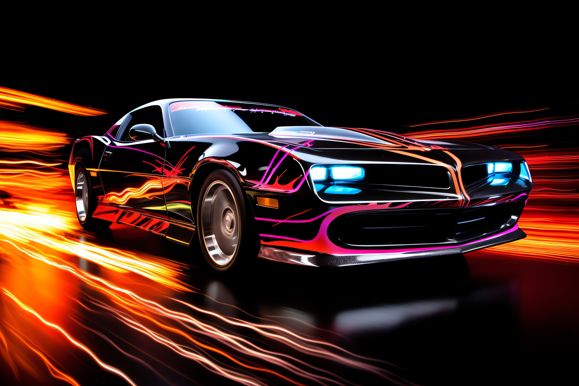 2002 Ws6 Trans Am, intense hue, urban illumination, light patterns on surface, city nightlife impression, HD Desktop Image