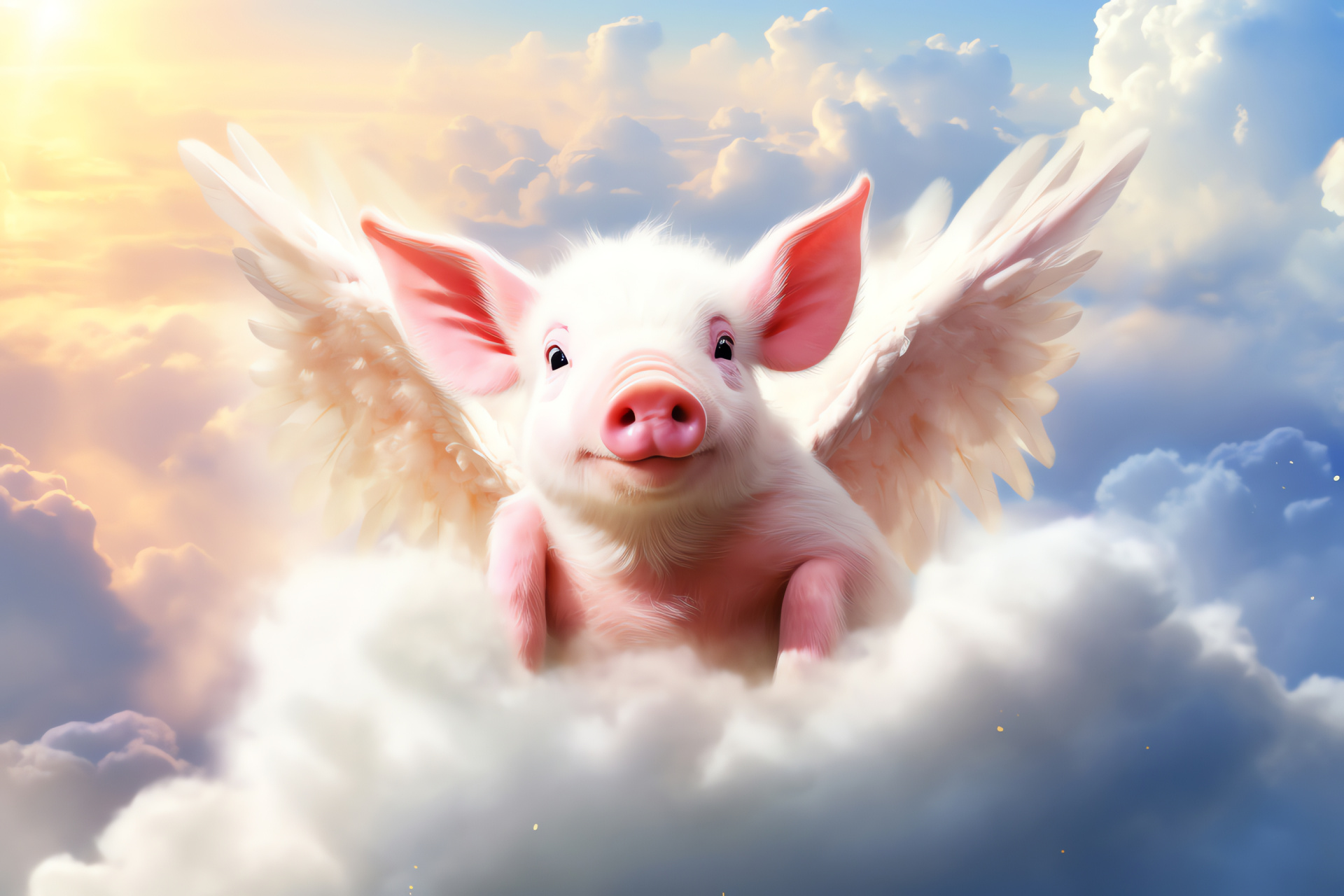 Fantasy pig concept, fairytale piglet, white furry angel, cloud backdrop, whimsical animal art, HD Desktop Image