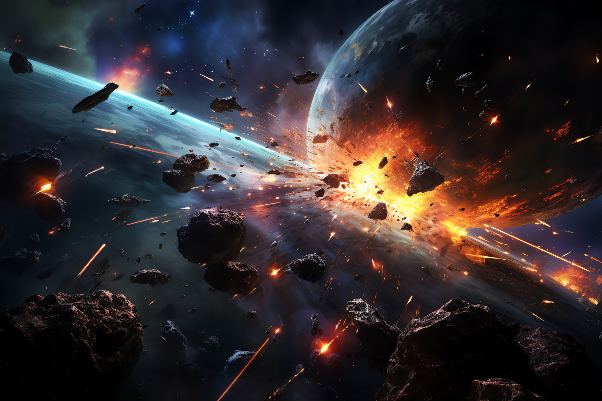 Galactic warfare, Space conflict, Chromatic intensity, Cosmic breadth, Interstellar spectacle, HD Desktop Wallpaper