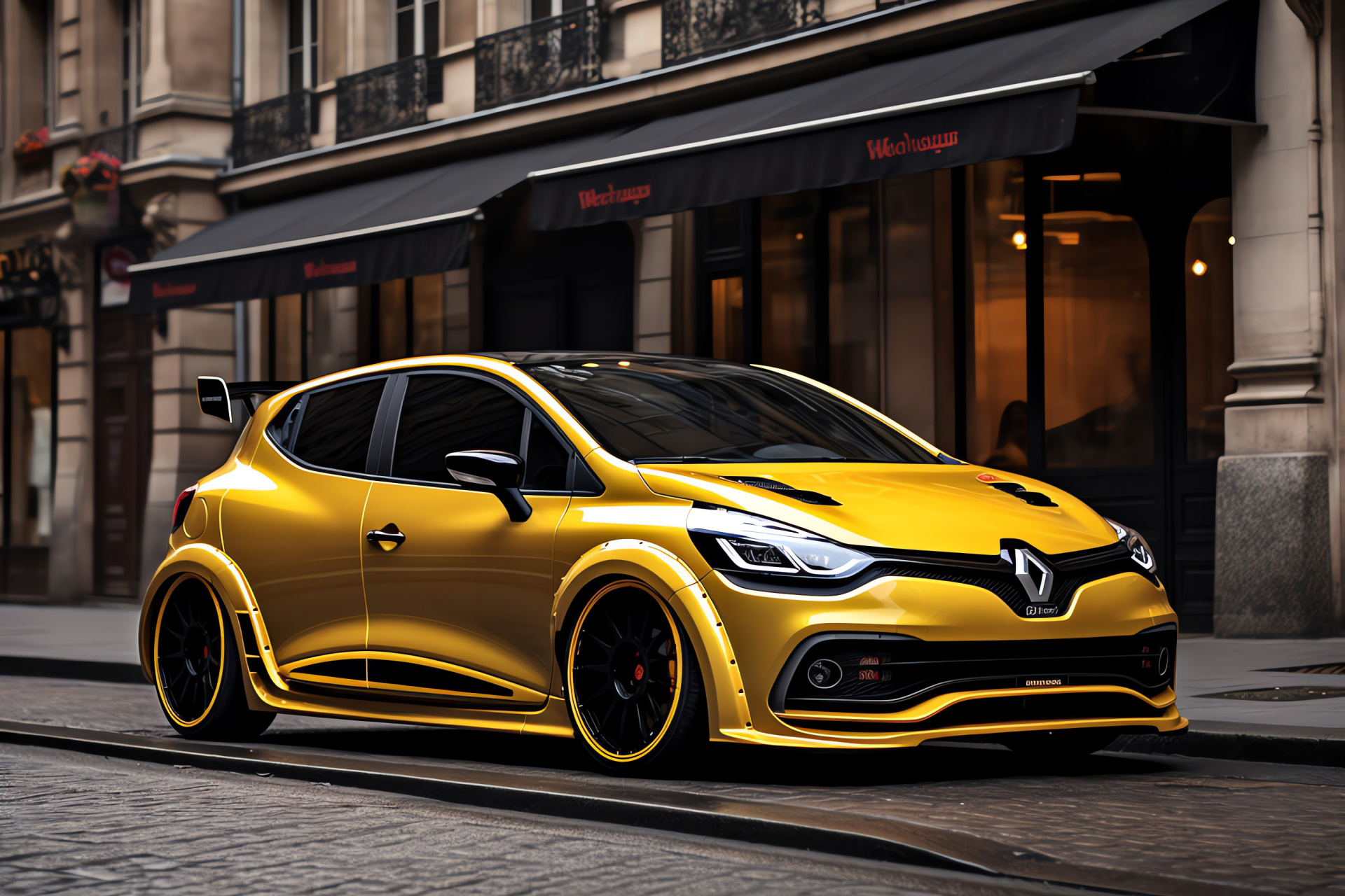 Renault adaption, Stanced Clio, Car showcase, Contemporary upgrades, Parisian setting, HD Desktop Wallpaper