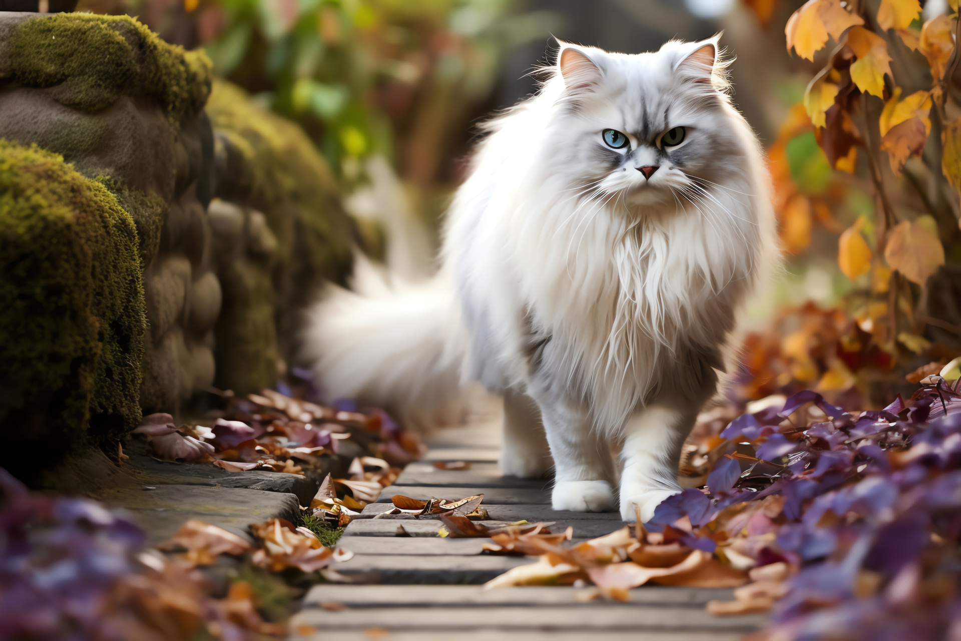 Persian cat imprint, feline elegance, long-haired breed, garden stroller, cherished pet, HD Desktop Image