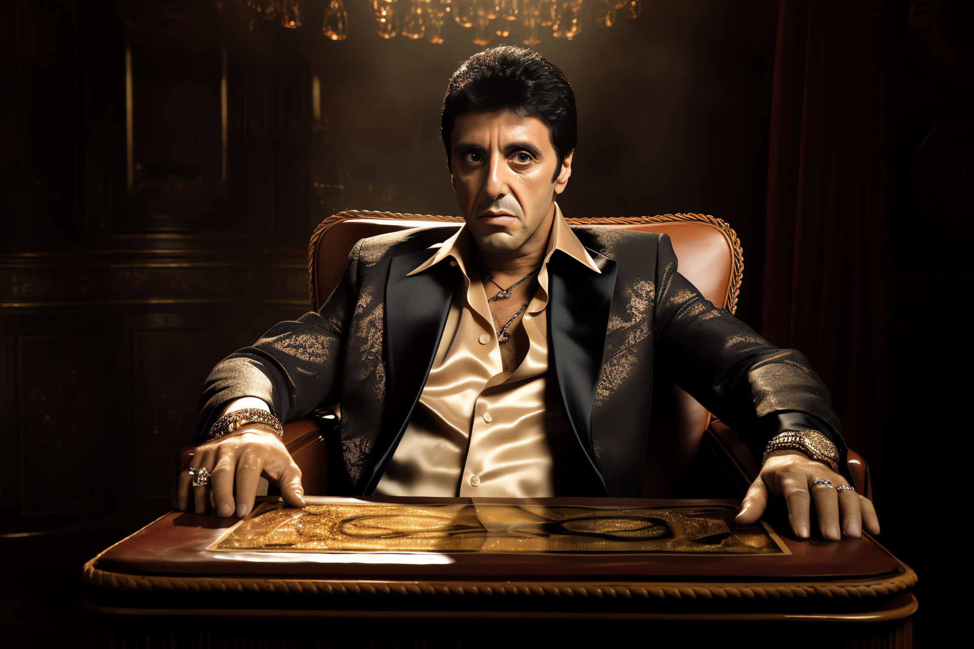 Scarface, Protagonist Tony Montana, High-stakes card game, Betting surface, Affluent game participants, HD Desktop Image