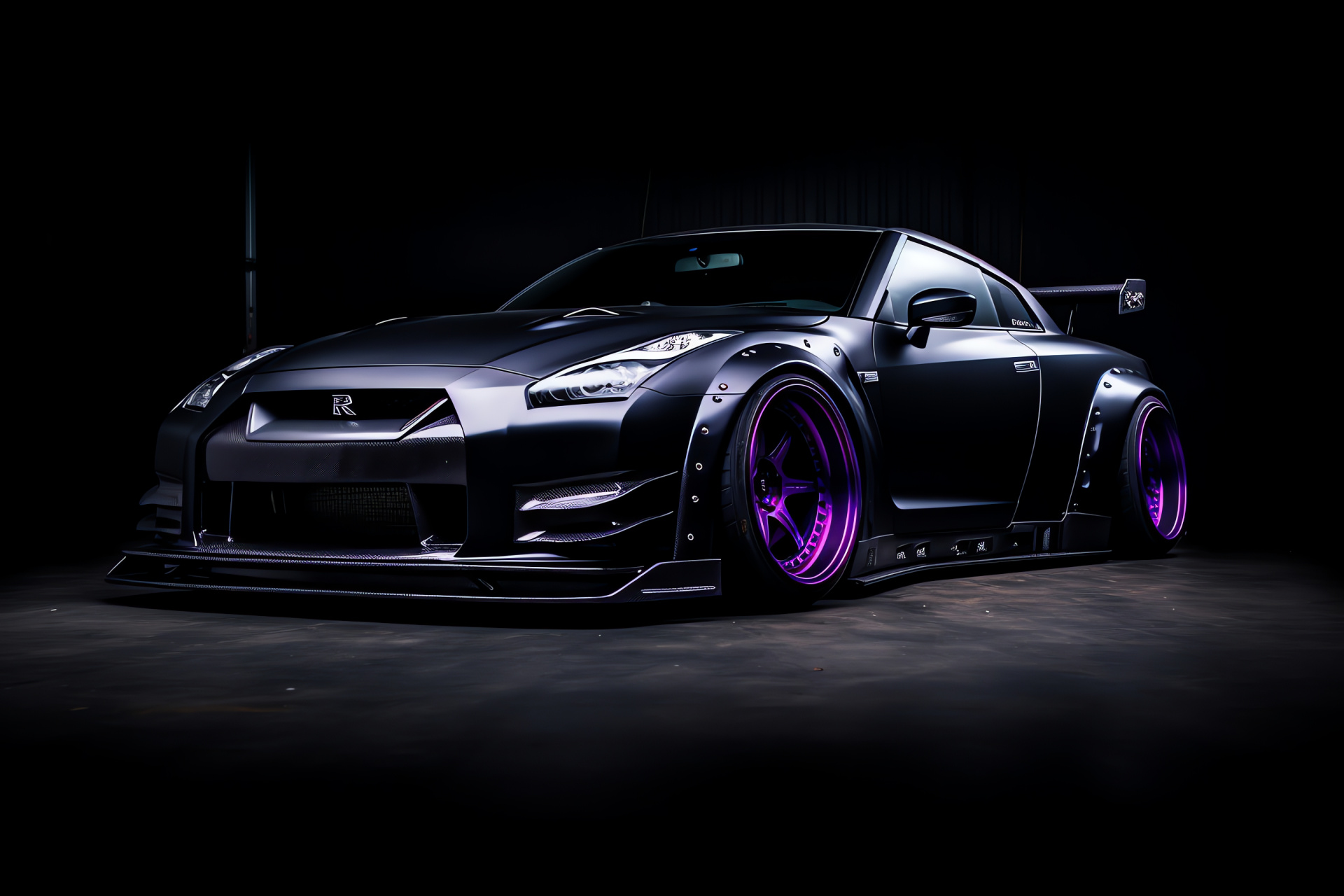 Rocket Bunny mod, Nissan GT-R, aerial perspective, amethyst varnish, darkened surroundings, HD Desktop Image