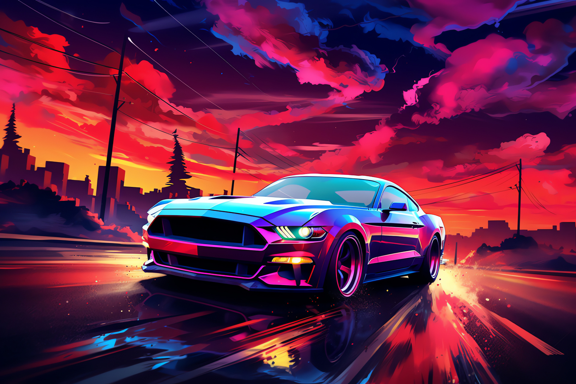 Mustang automobile, panoramic setting, dynamic landscape, neon detailing, future city visualization, HD Desktop Image