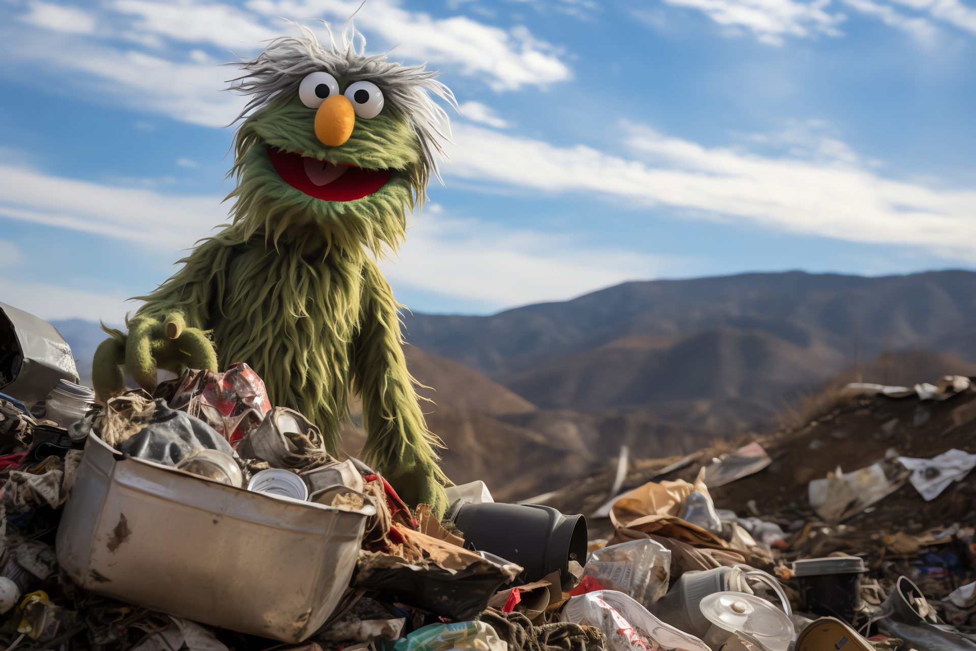 Oscar the Grouch depiction, Caroll Spinney portrayal, Heap of refuse, Warning placard, Mounds of waste, HD Desktop Image