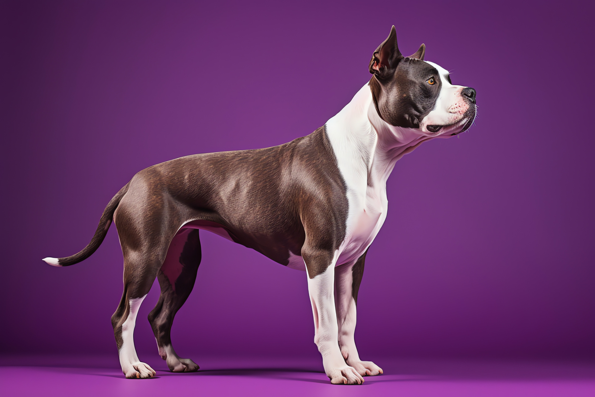 Distinctive Pit Bull, Patchwork canine fur, Purple highlight backdrop, Side angle, Canine peculiarity, HD Desktop Image