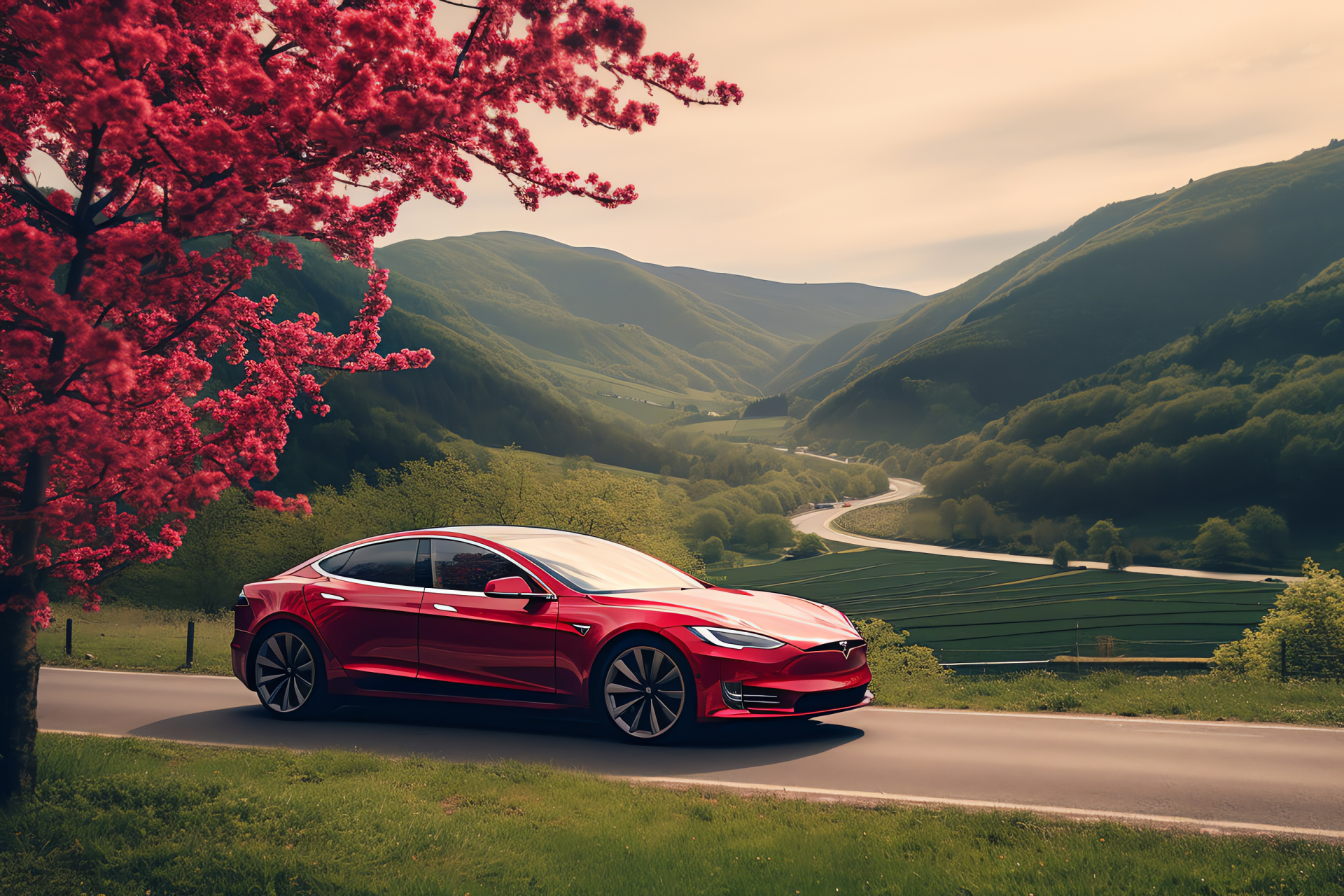 Tesla Electric Sedan, Model S, Scenic routes, Automotive technology, Picturesque terrain, HD Desktop Wallpaper