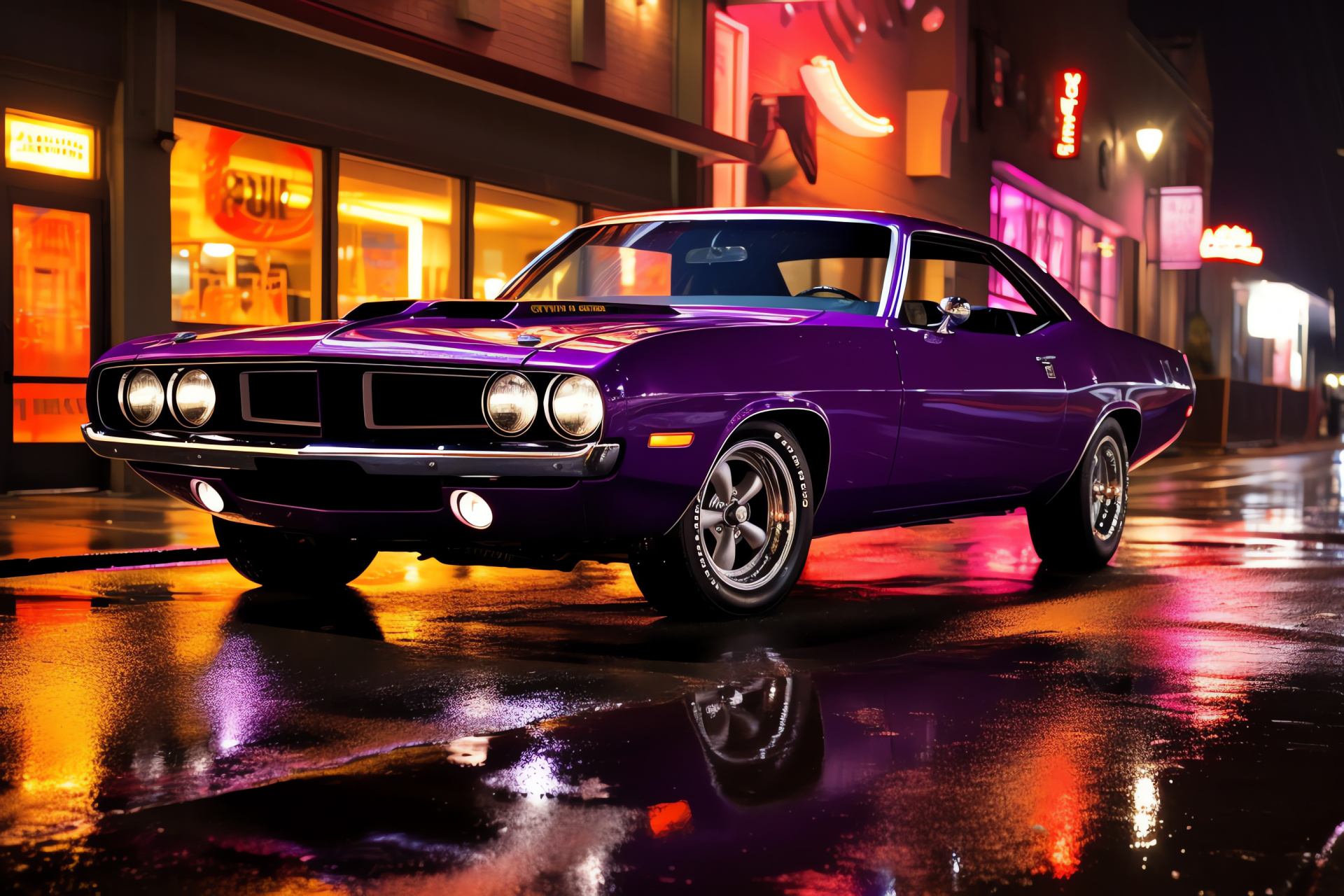 Plymouth Barracuda, Hemi Cuda variant, city at night, bold purple shade, reflective surfaces, HD Desktop Image